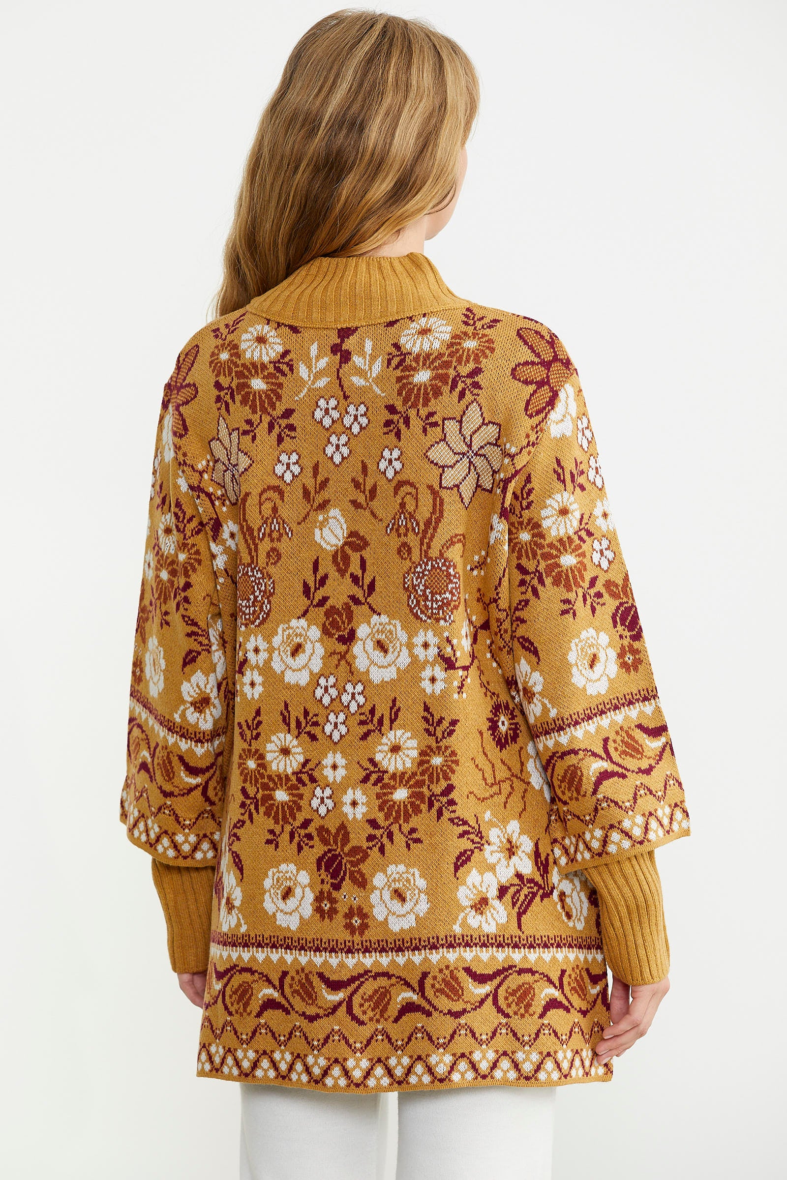 Çiçek Desenli Kalın Yün Triko Ceket - Güneş - Sementa
