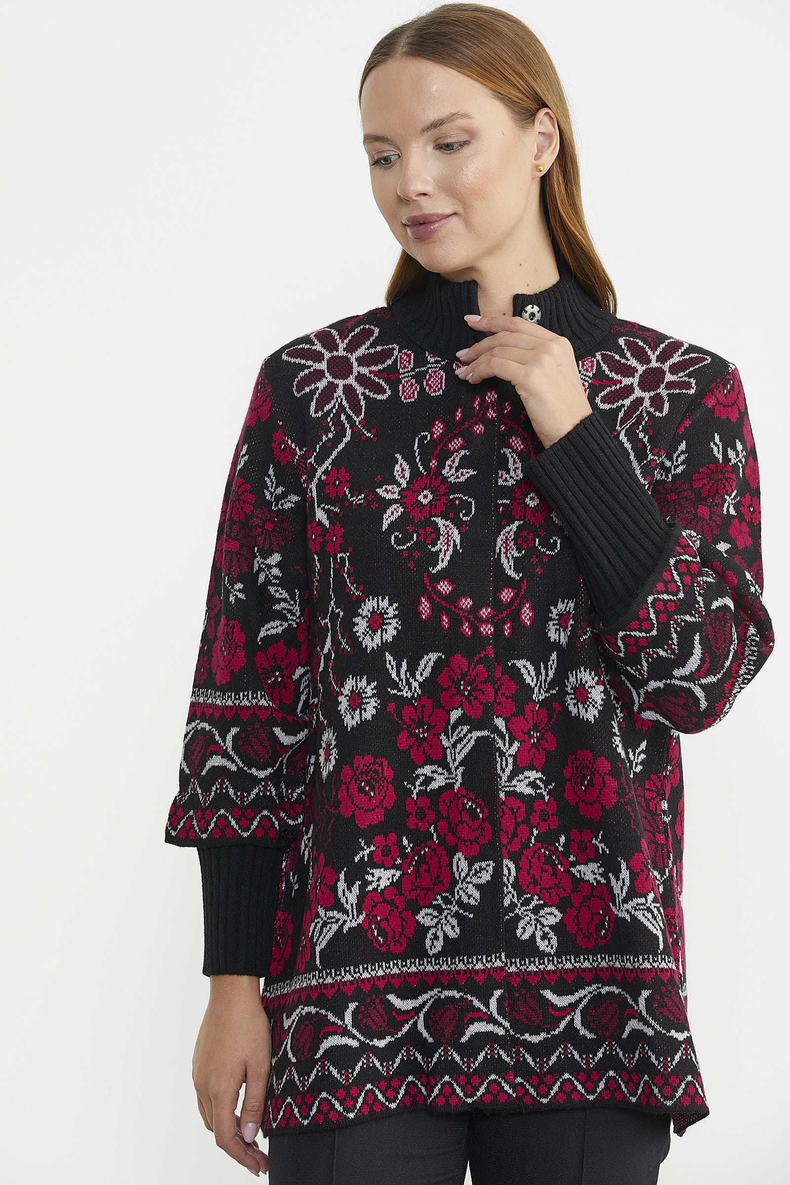 Çiçek Desenli Kalın Yün Triko Ceket - Siyah - Sementa