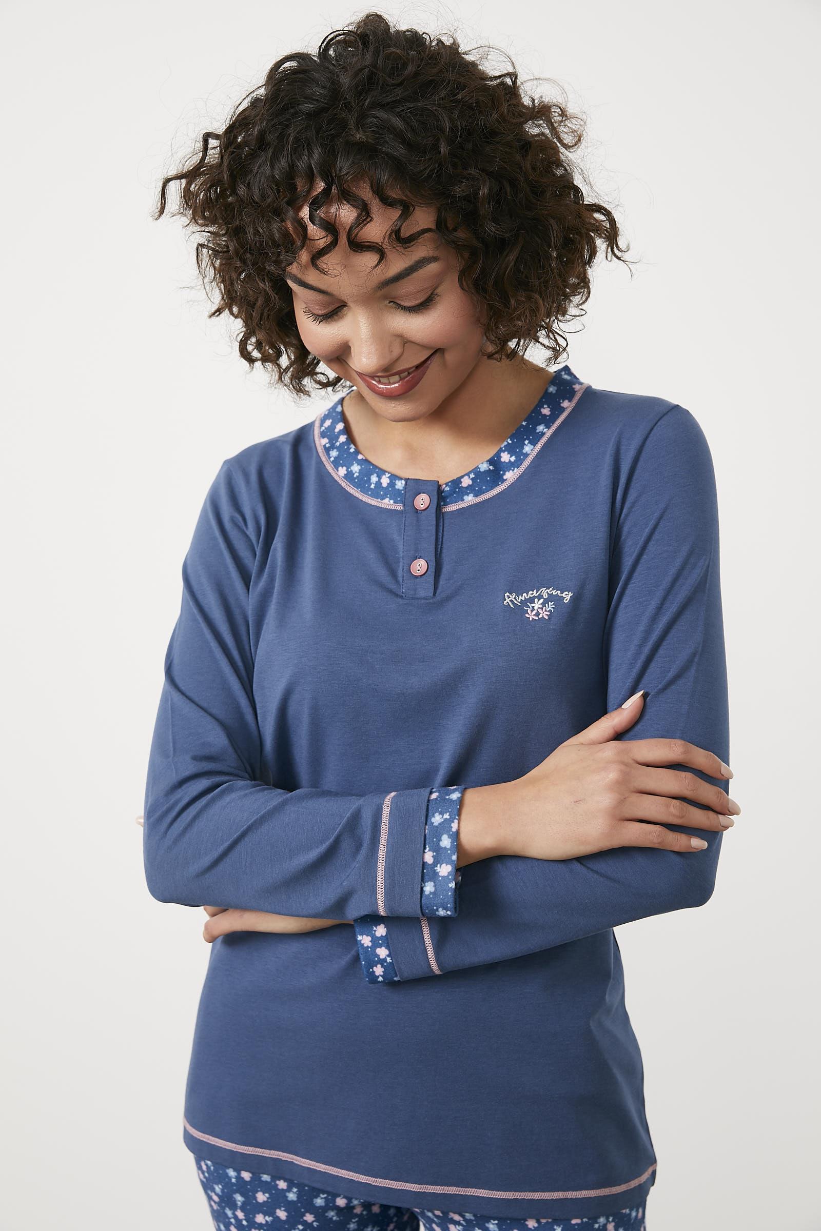 Çiçek Desenli Modal Pijama Takım - Mavi (5) Sementa