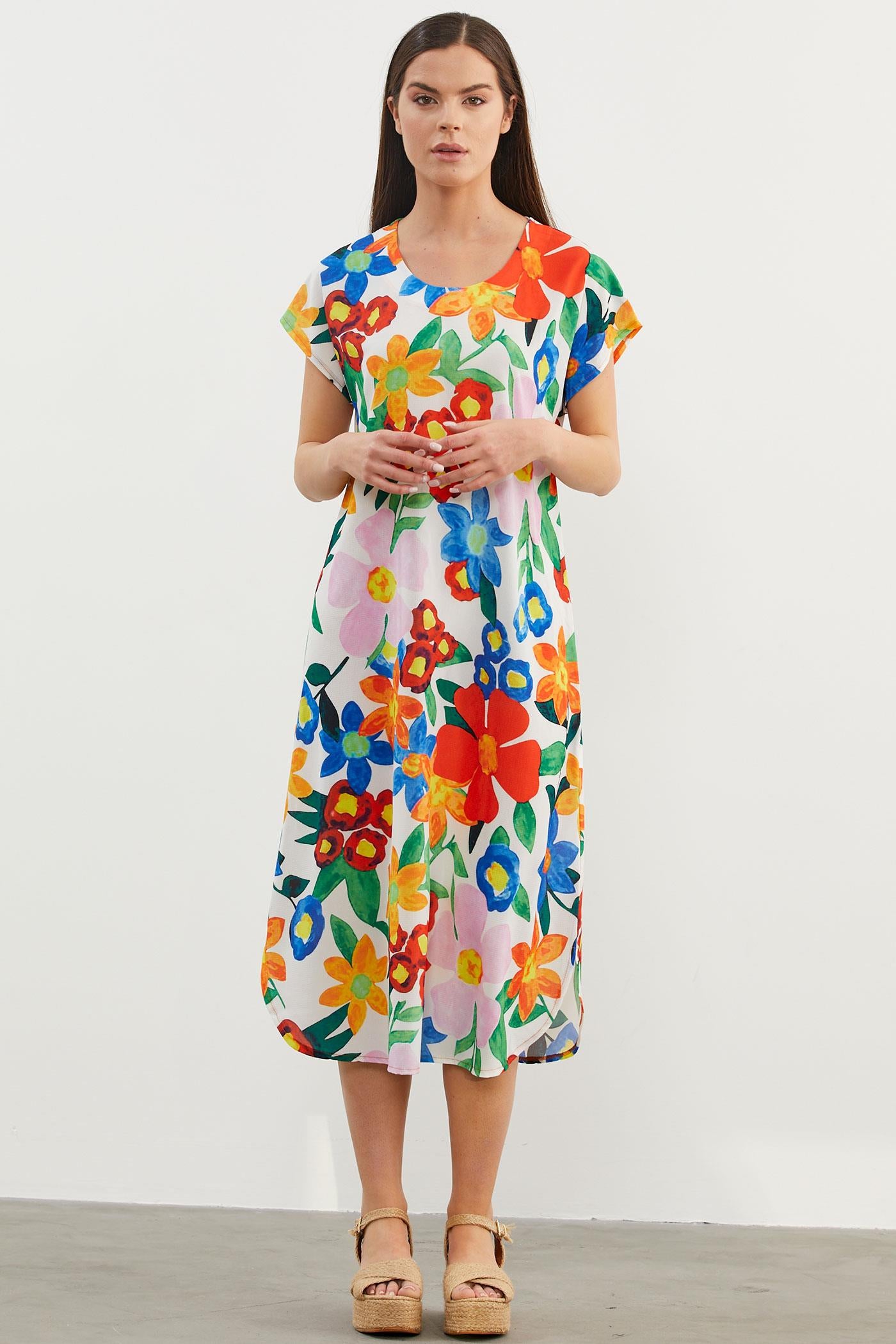 Çiçek Desenli Rahat Kalıp Elbise - Ekru (3) Sementa