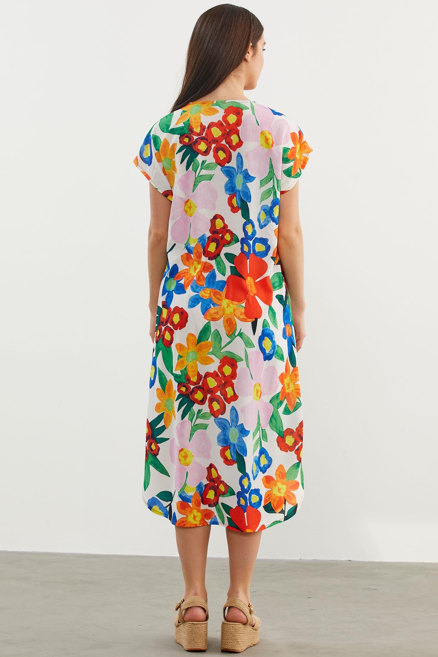 Çiçek Desenli Rahat Kalıp Elbise - Ekru (8) Sementa