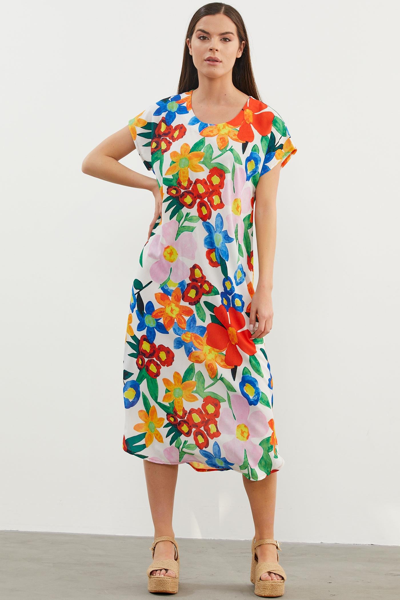 Çiçek Desenli Rahat Kalıp Elbise - Ekru (5) Sementa