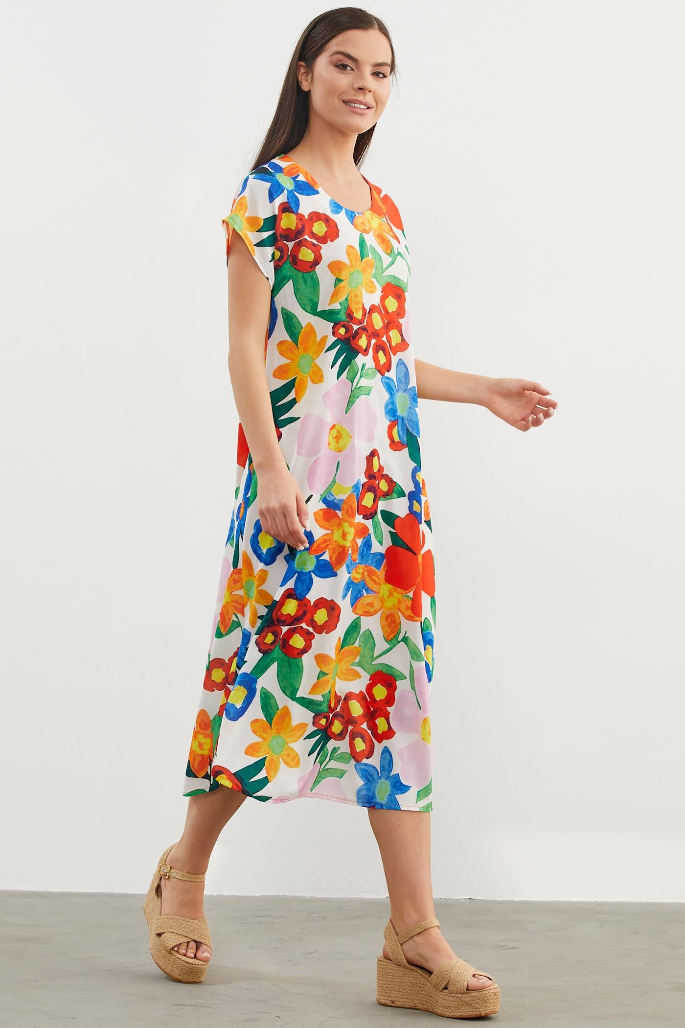 Çiçek Desenli Rahat Kalıp Elbise - Ekru (6) Sementa