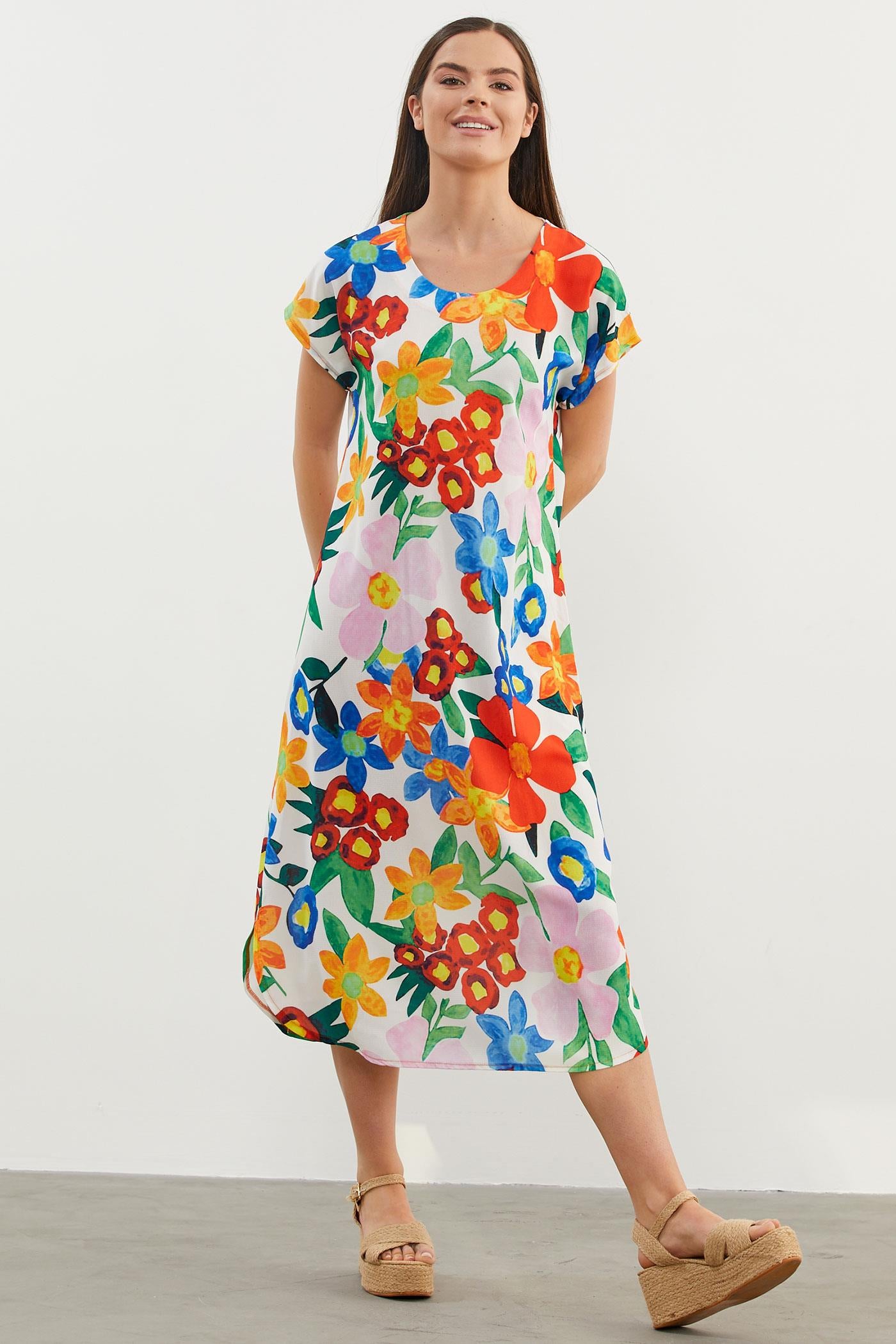 Çiçek Desenli Rahat Kalıp Elbise - Ekru (7) Sementa