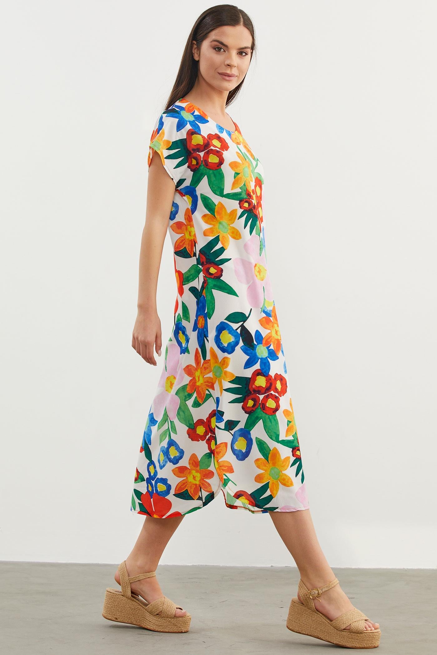 Çiçek Desenli Rahat Kalıp Elbise - Ekru (4) Sementa