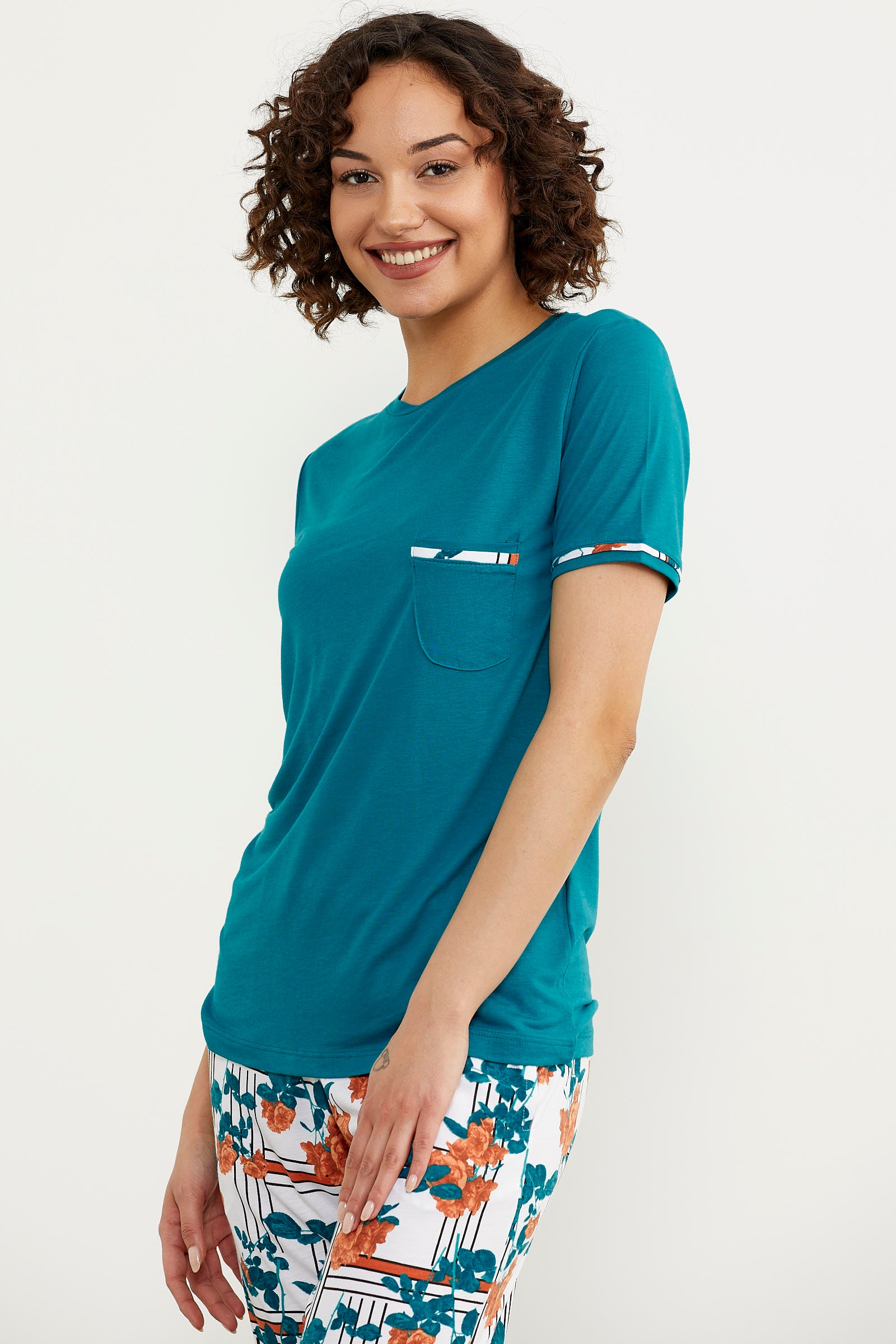 Çiçek Desenli Renkli Pijama Takım - Yeşil (3) Sementa