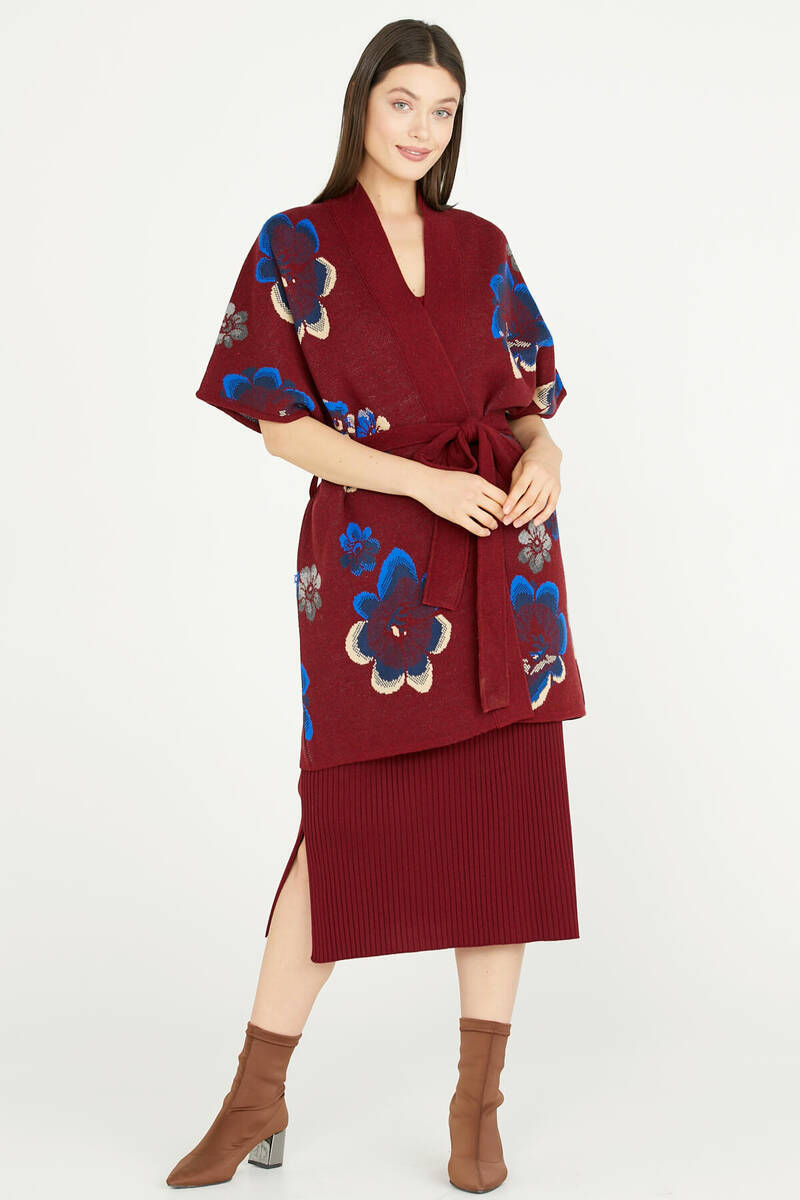 Çiçek Desenli Uzun Triko Ceket - Bordo (3) Sementa