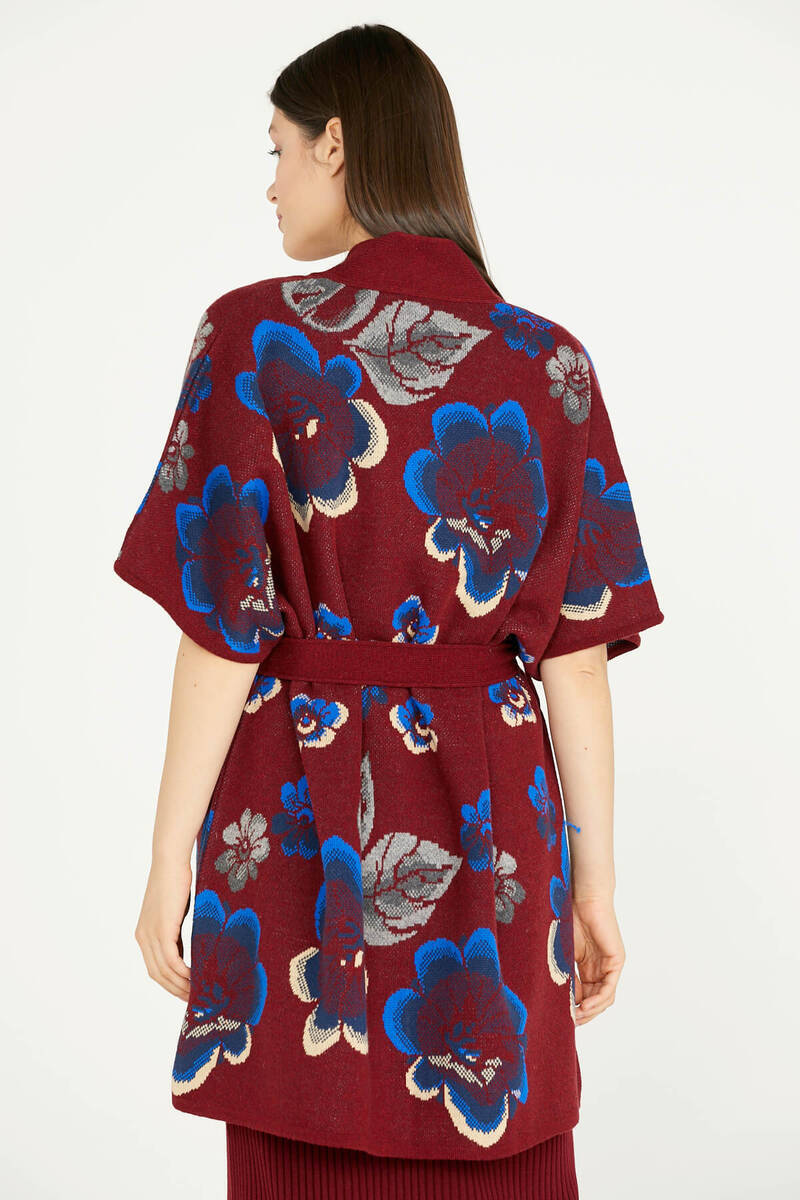 Çiçek Desenli Uzun Triko Ceket - Bordo (4) Sementa