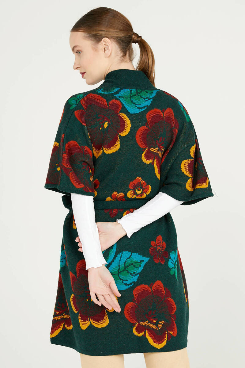 Çiçek Desenli Uzun Triko Ceket - Yeşil (3) Sementa