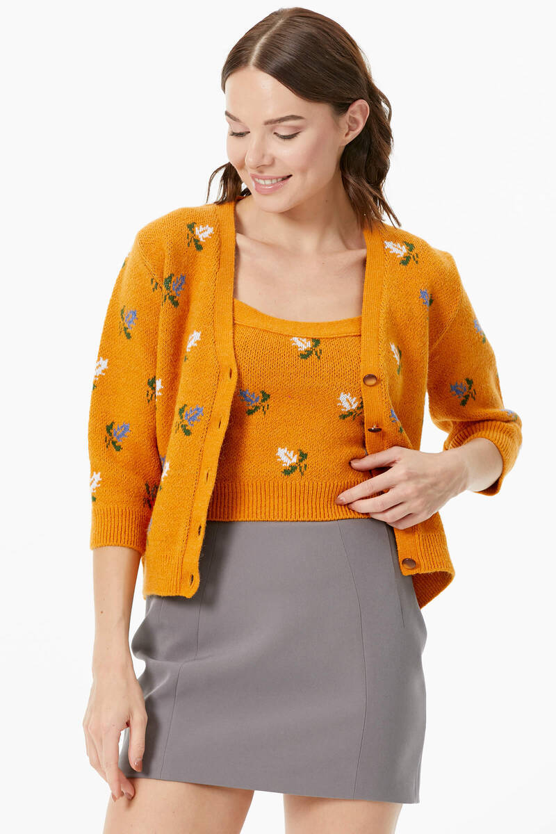 Çiçek Motifli Crop Triko Takım - Güneş (4) Sementa