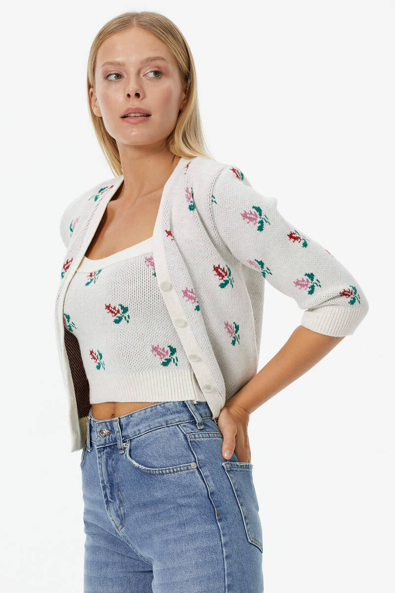 Çiçek Motifli Crop Triko Takım - Kemik (5) Sementa