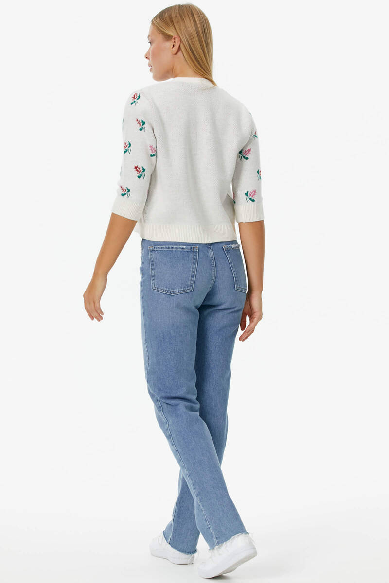 Çiçek Motifli Crop Triko Takım - Kemik (7) Sementa