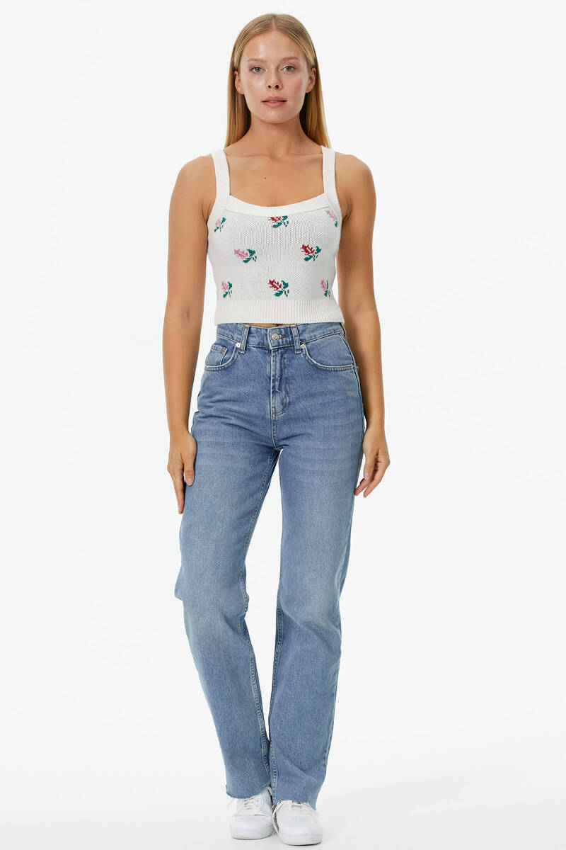 Çiçek Motifli Crop Triko Takım - Kemik (6) Sementa