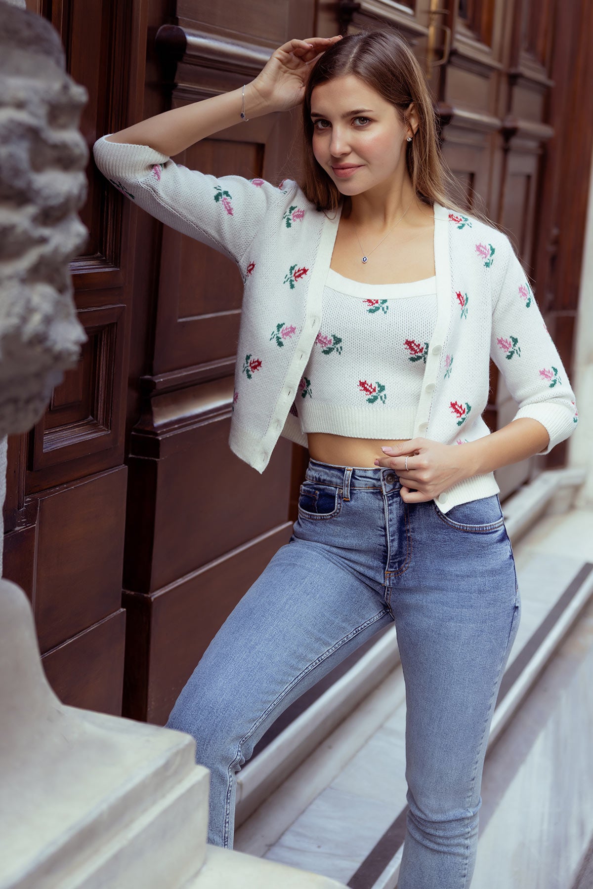 Çiçek Motifli Crop Triko Takım - Kemik (1) Sementa