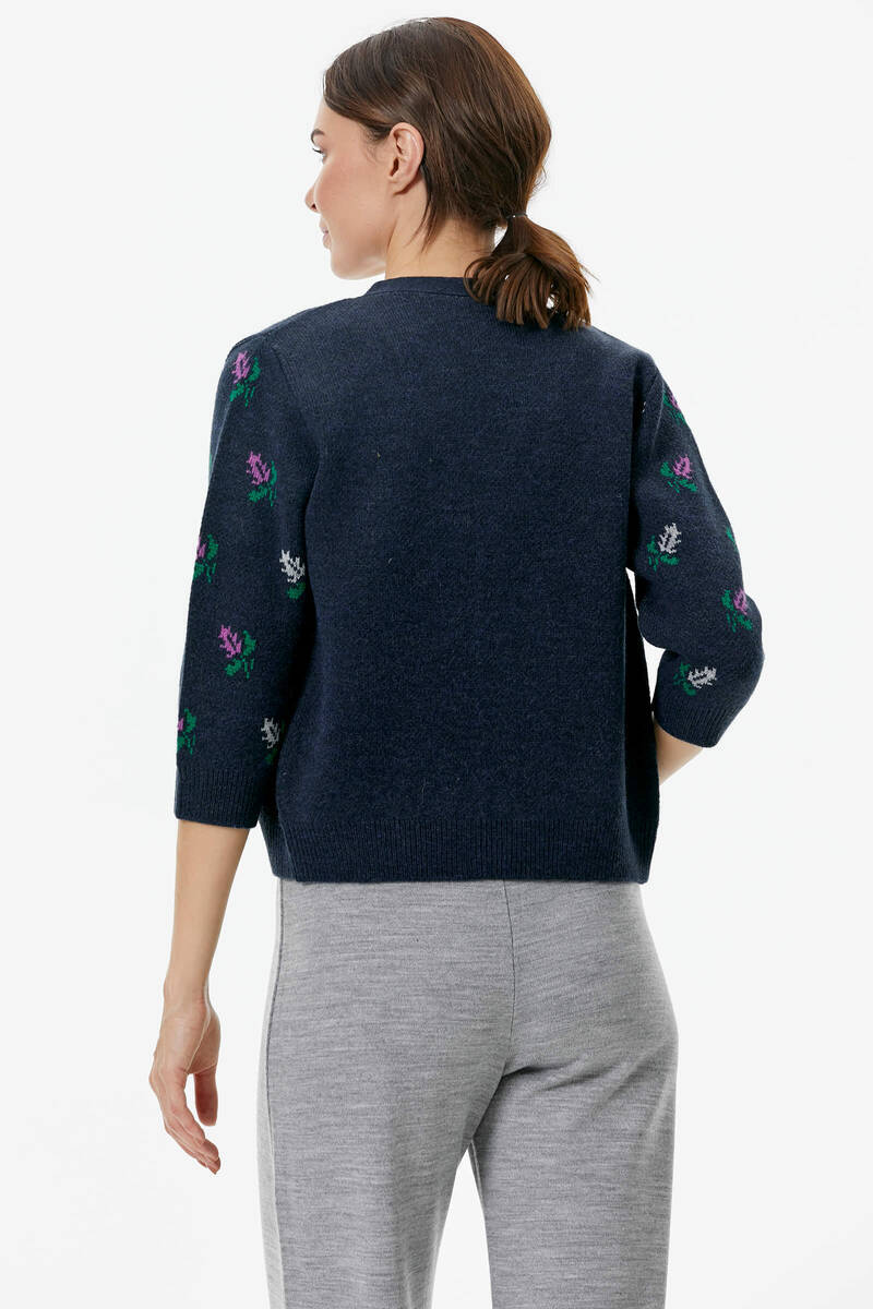 Çiçek Motifli Crop Triko Takım - Lacivert (4) Sementa