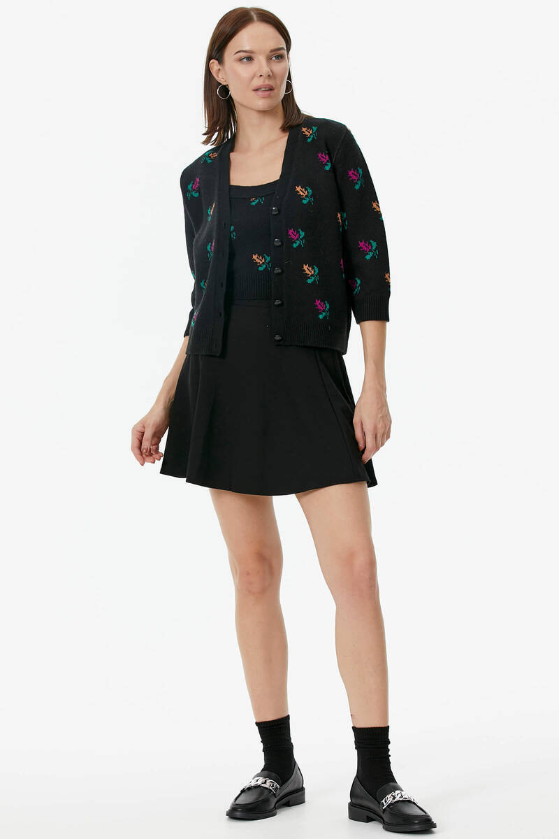 Çiçek Motifli Crop Triko Takım - Siyah (3) Sementa