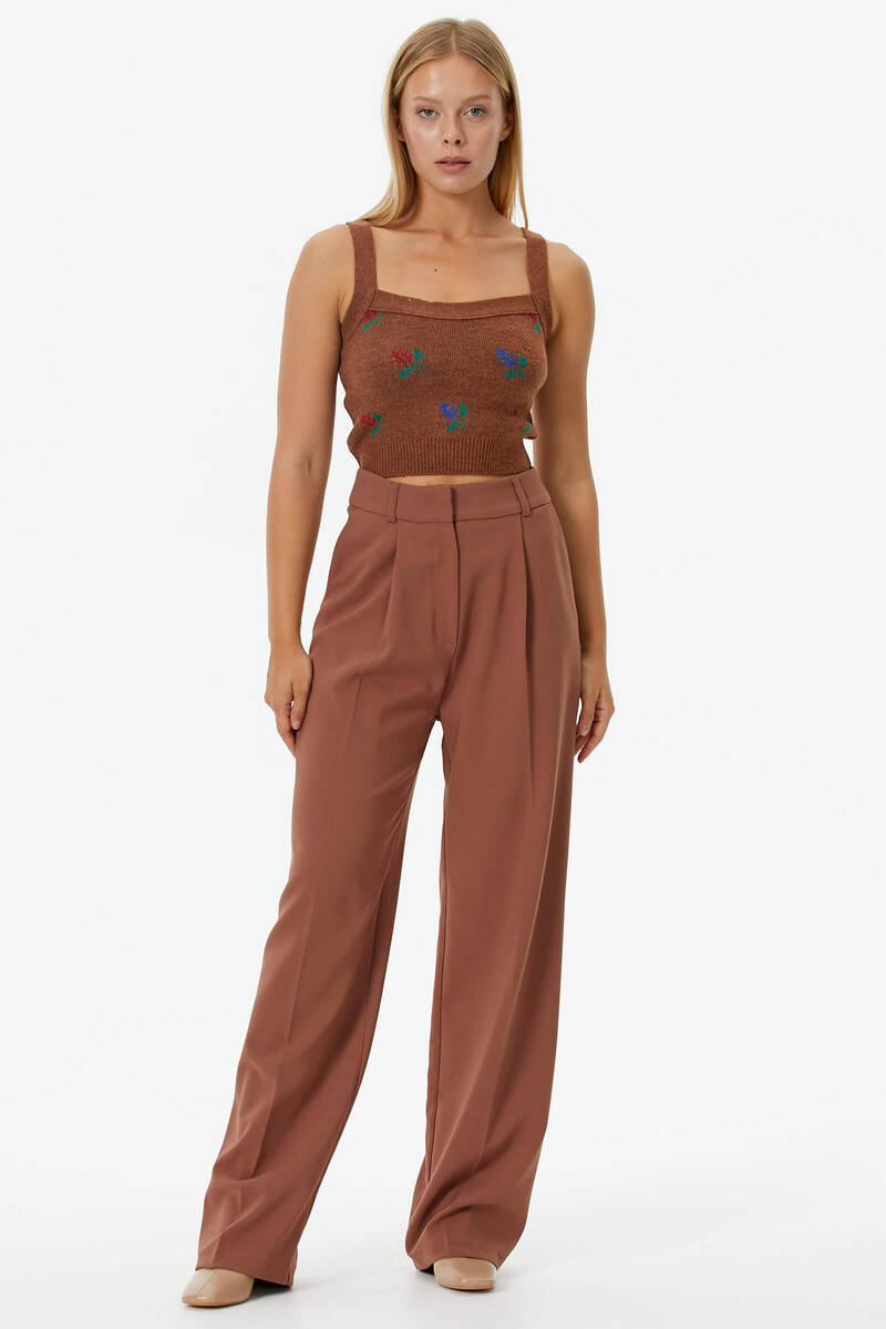 Çiçek Motifli Crop Triko Takım - Taba (3) Sementa