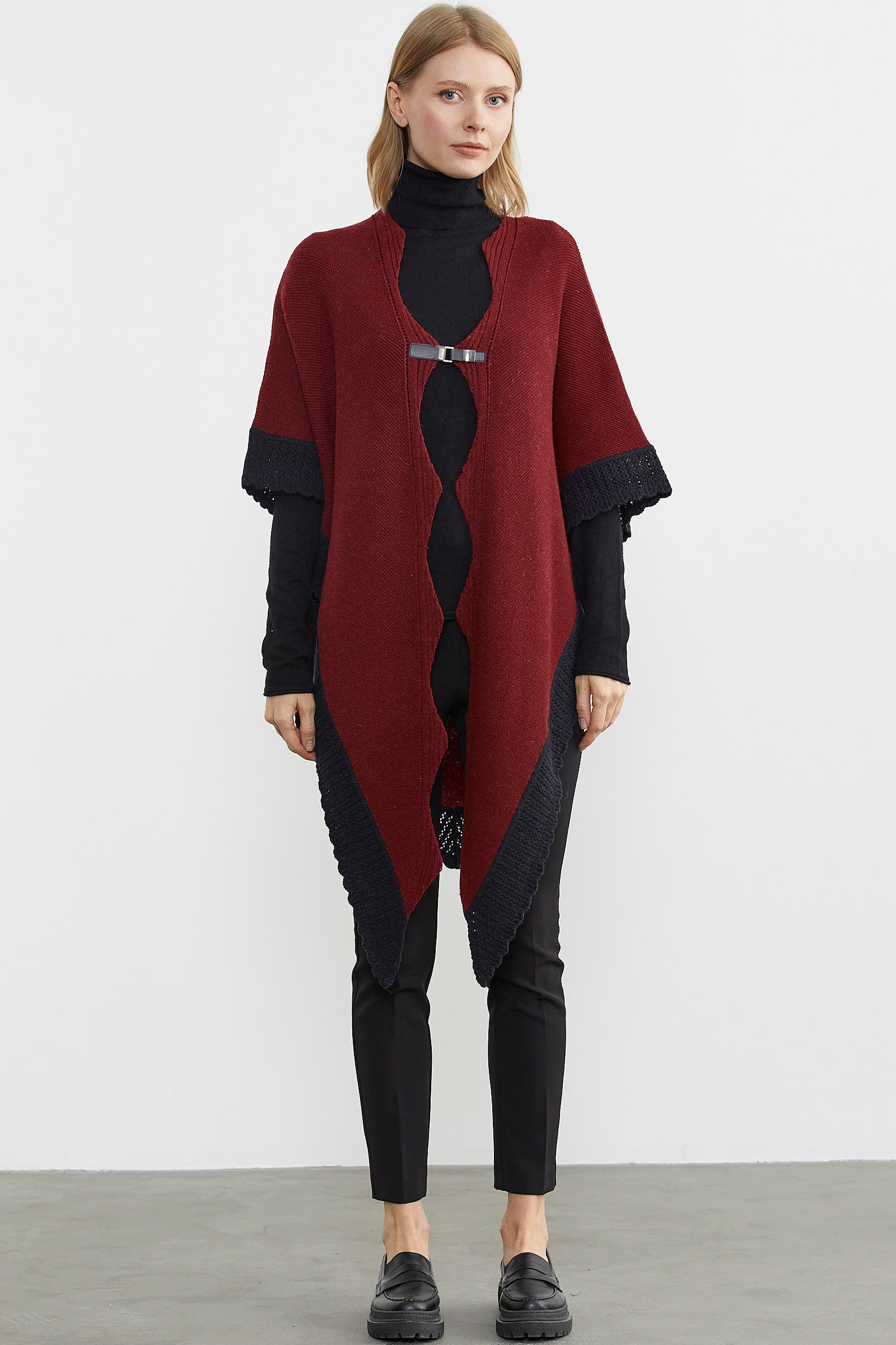 Çift Renk Aksesuarlı Triko Panço - Bordo (1) Sementa