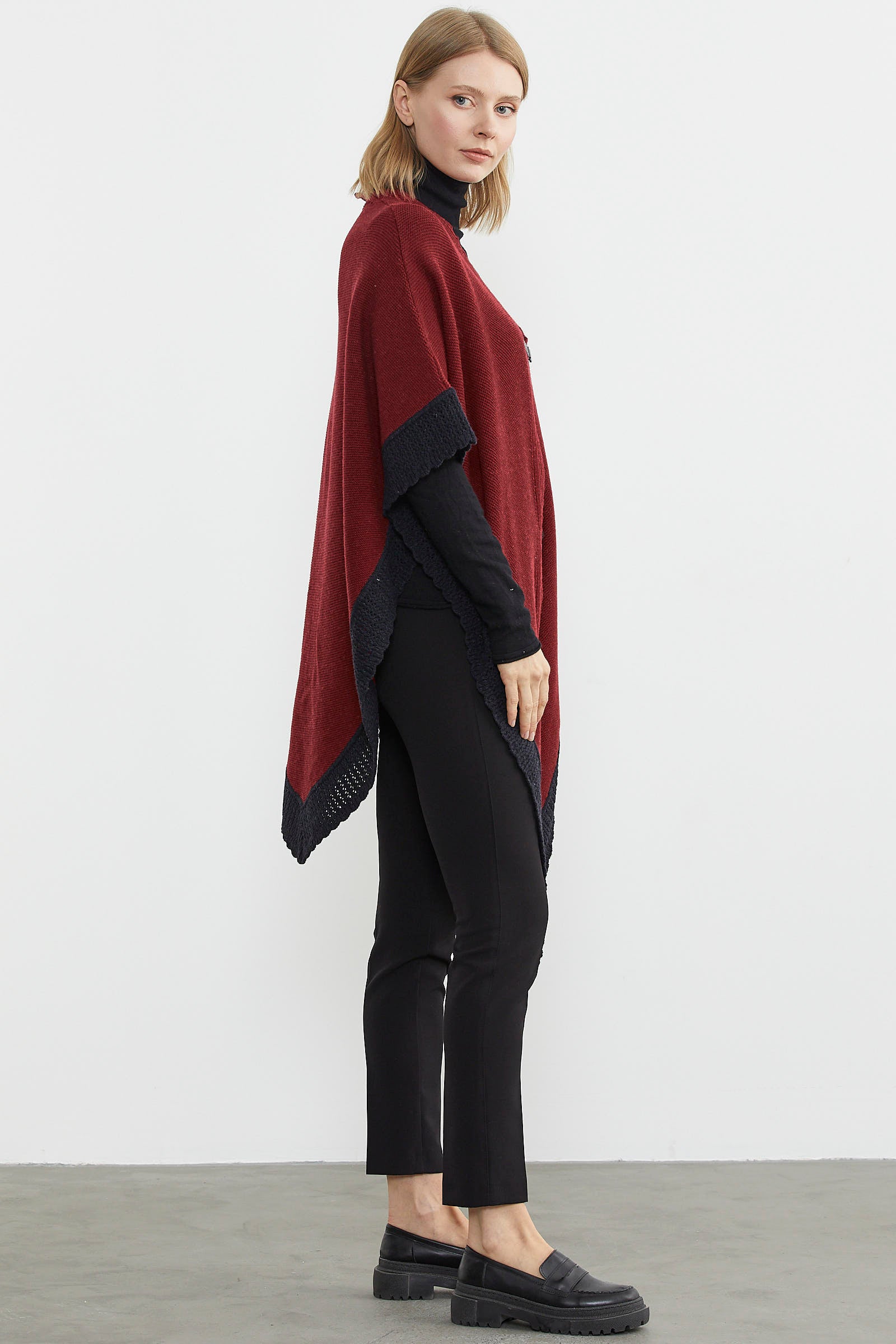 Çift Renk Aksesuarlı Triko Panço - Bordo (4) Sementa