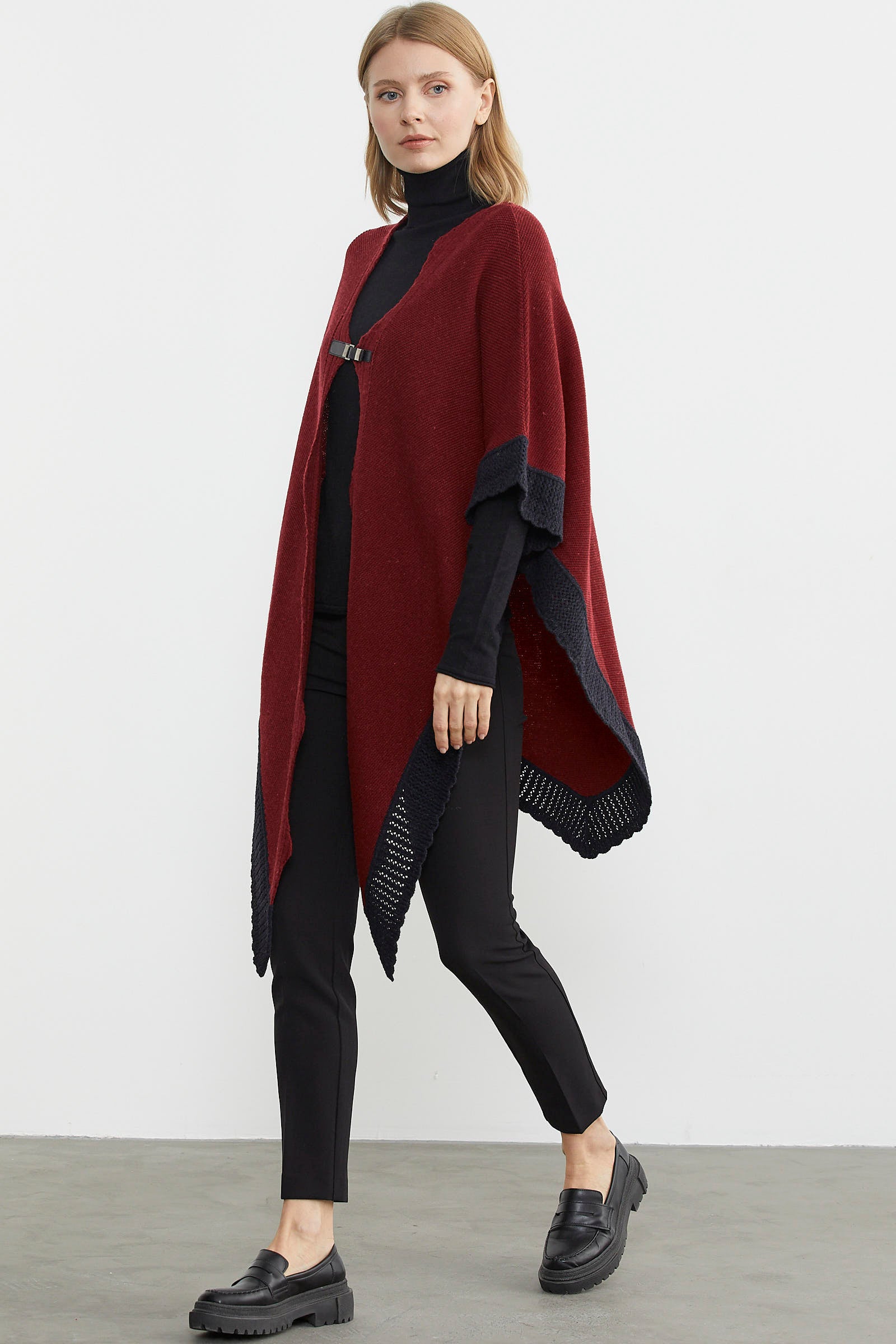 Çift Renk Aksesuarlı Triko Panço - Bordo (3) Sementa