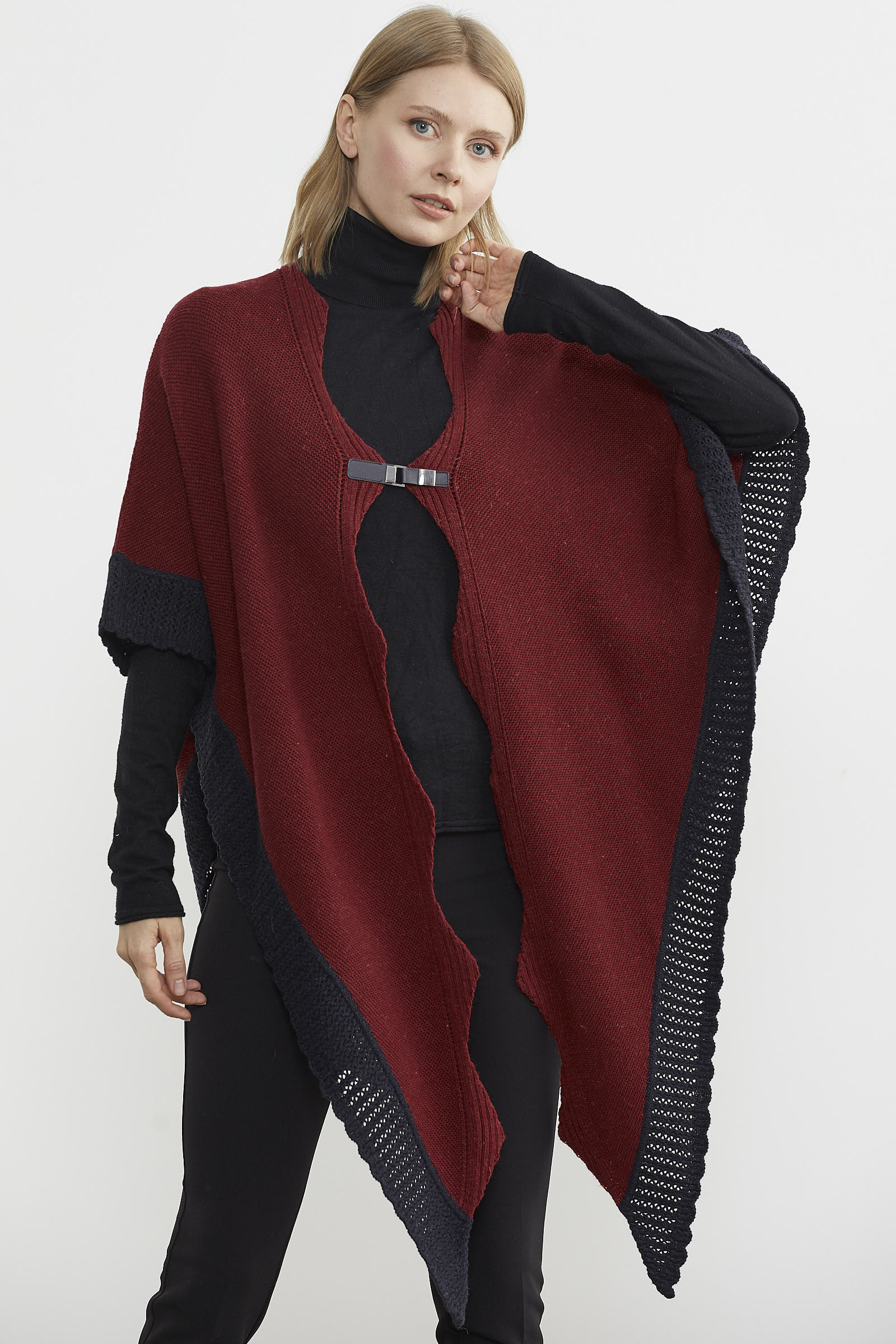 Çift Renk Aksesuarlı Triko Panço - Bordo (2) Sementa