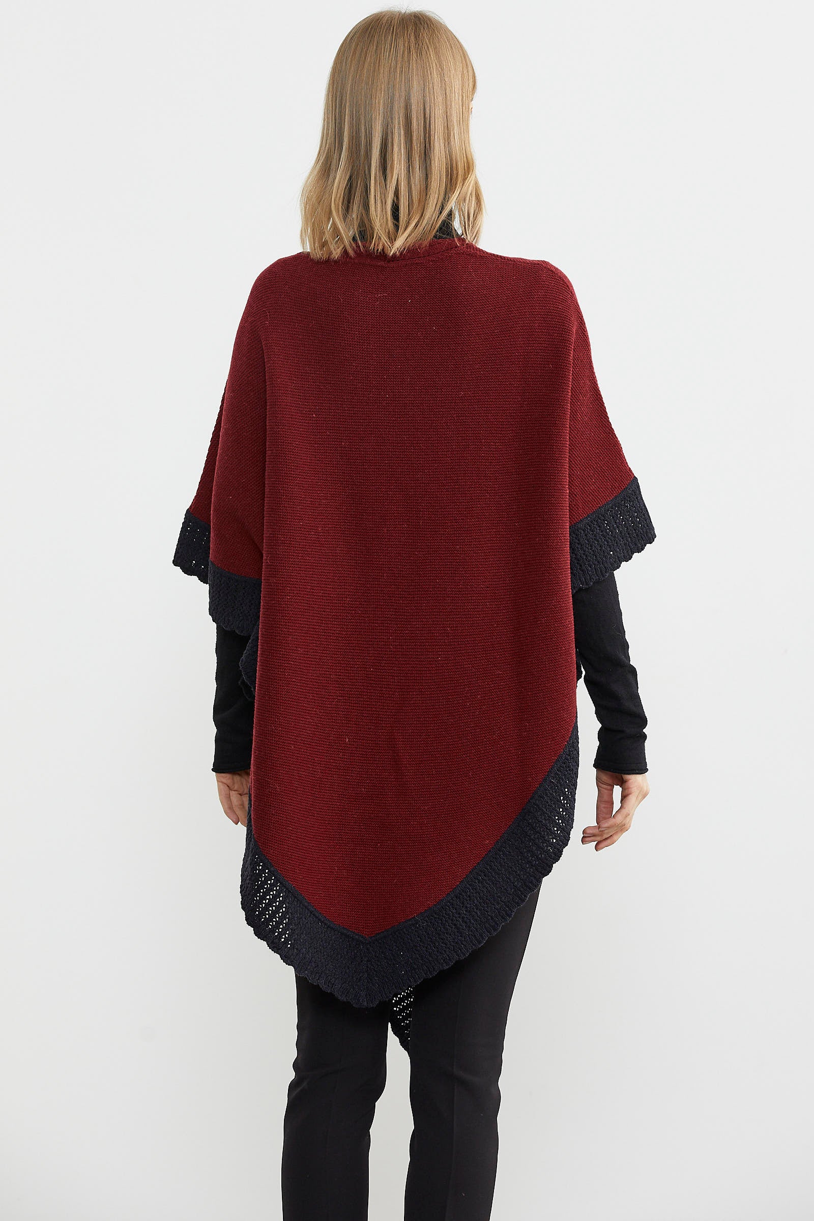 Çift Renk Aksesuarlı Triko Panço - Bordo (5) Sementa