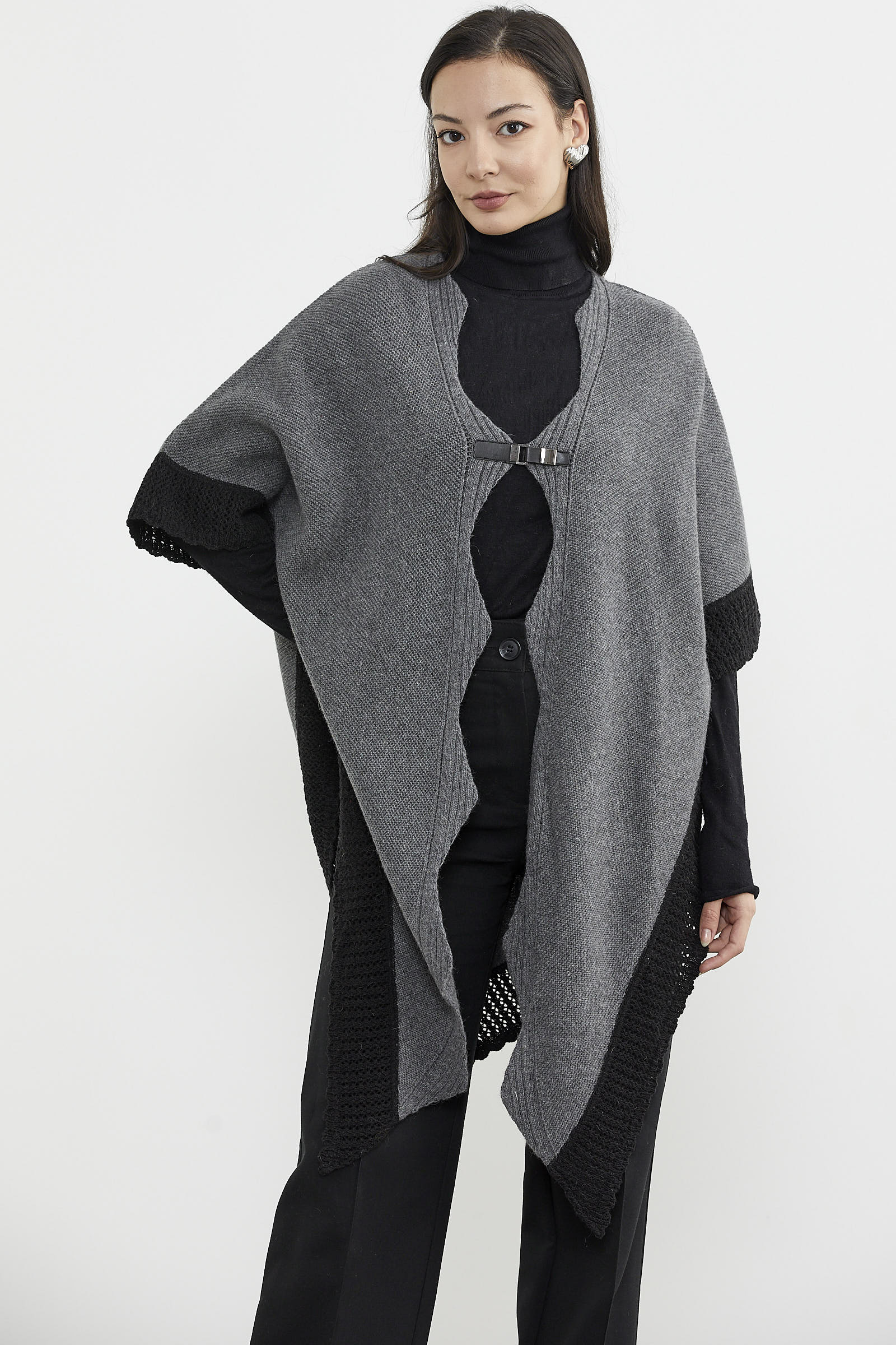 Çift Renk Aksesuarlı Triko Panço - Koyu Gri (3) Sementa