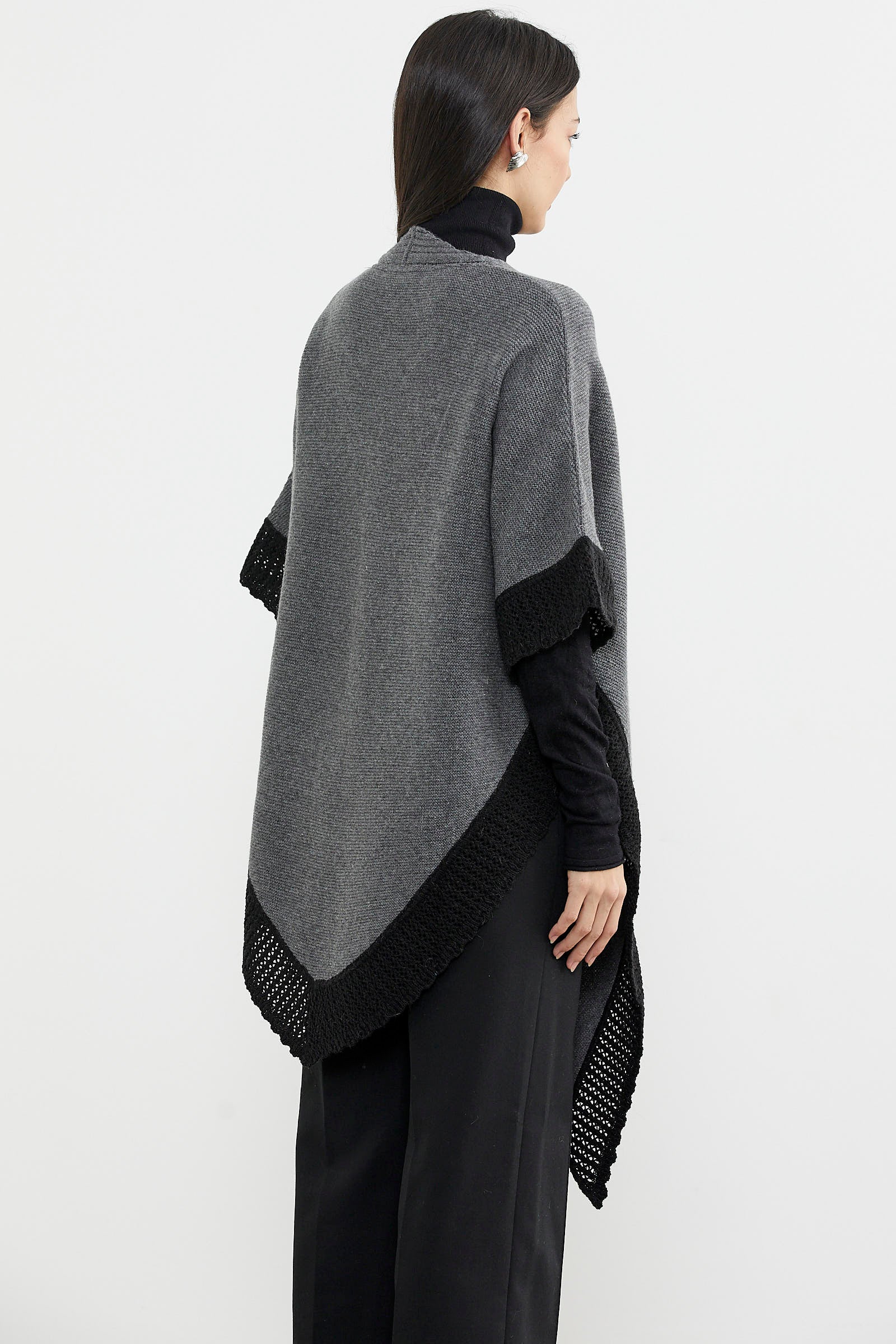 Çift Renk Aksesuarlı Triko Panço - Koyu Gri (6) Sementa