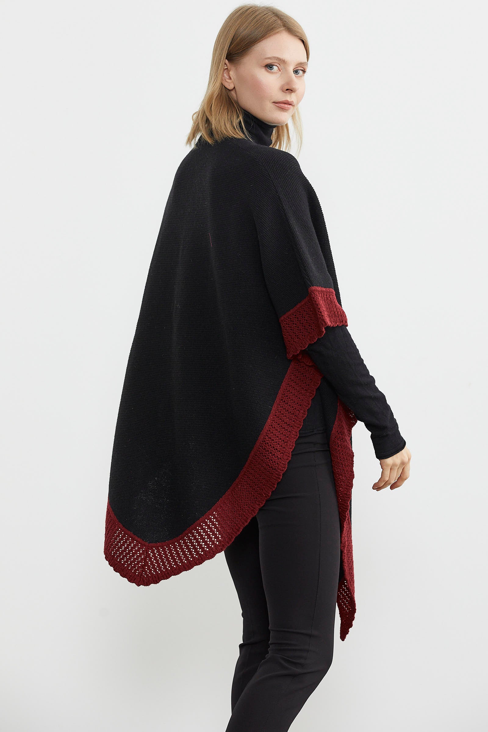 Çift Renk Aksesuarlı Triko Panço - Siyah (5) Sementa