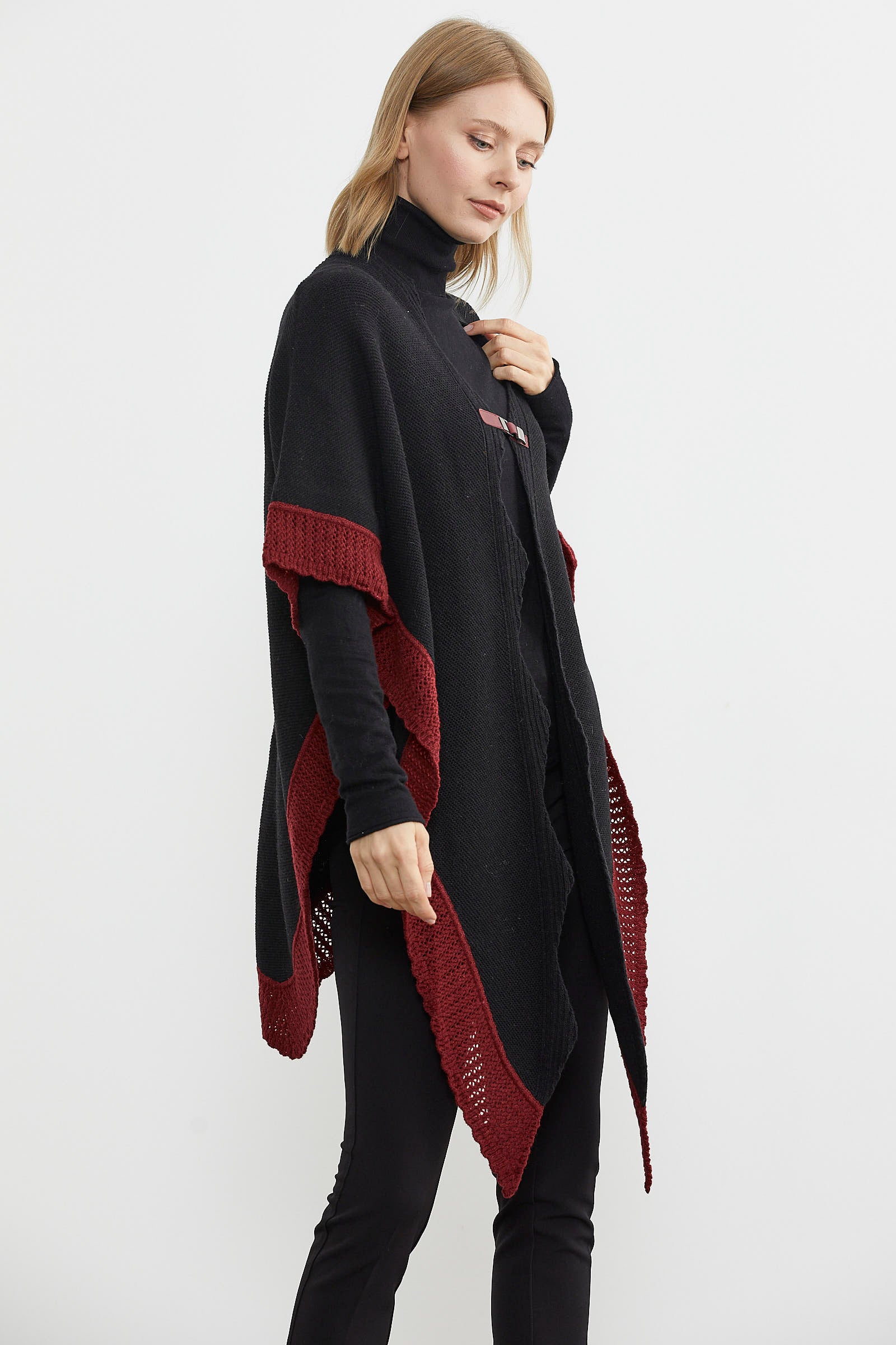 Çift Renk Aksesuarlı Triko Panço - Siyah (4) Sementa