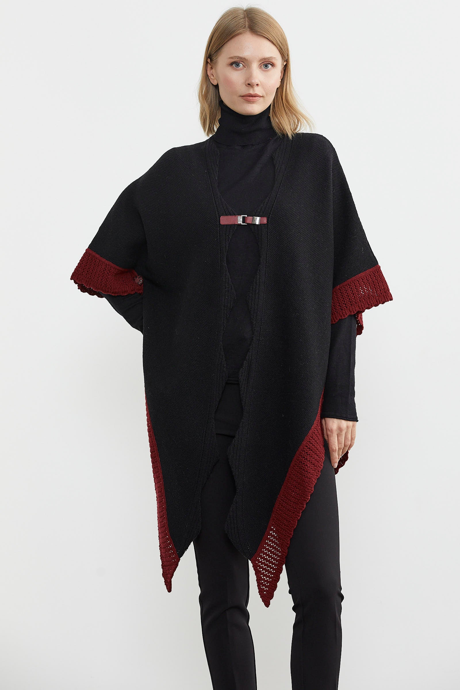 Çift Renk Aksesuarlı Triko Panço - Siyah (3) Sementa