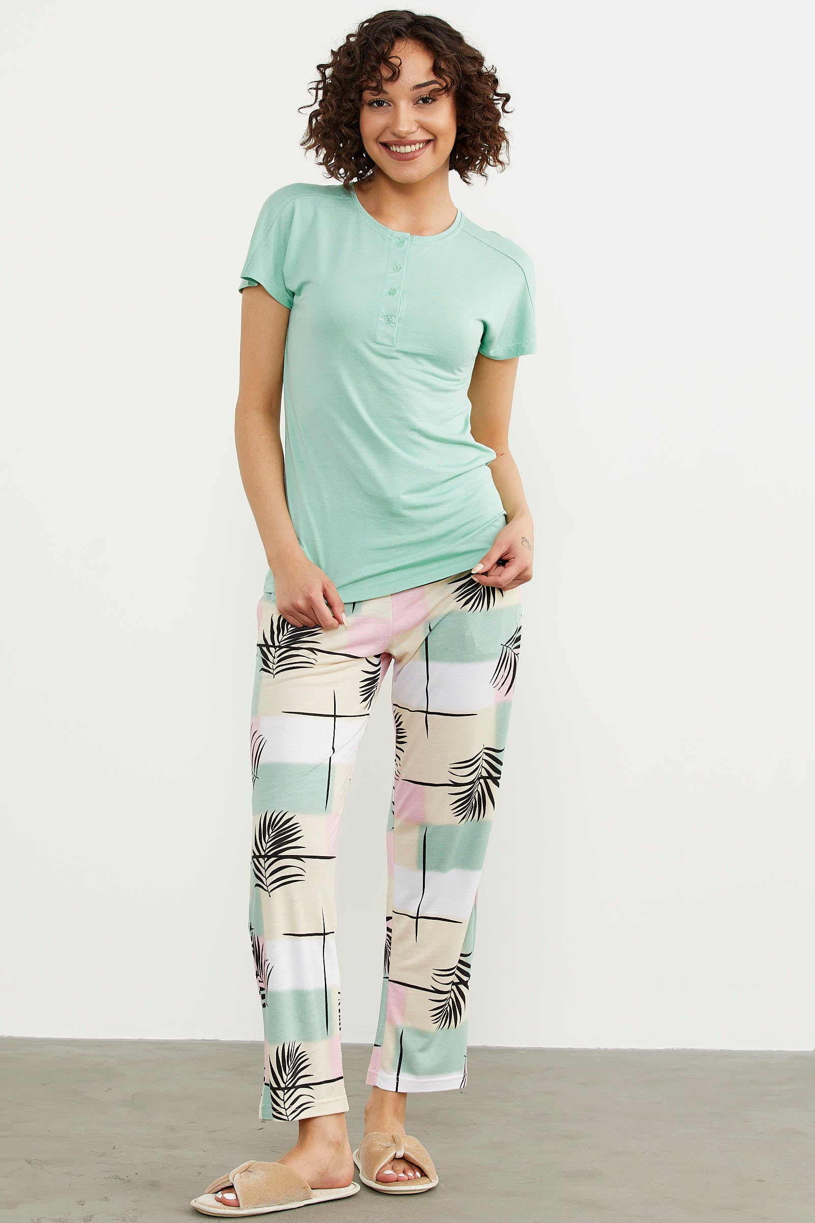Çift Renk Desenli Yazlık Pijama Takım - Mint (1) Sementa