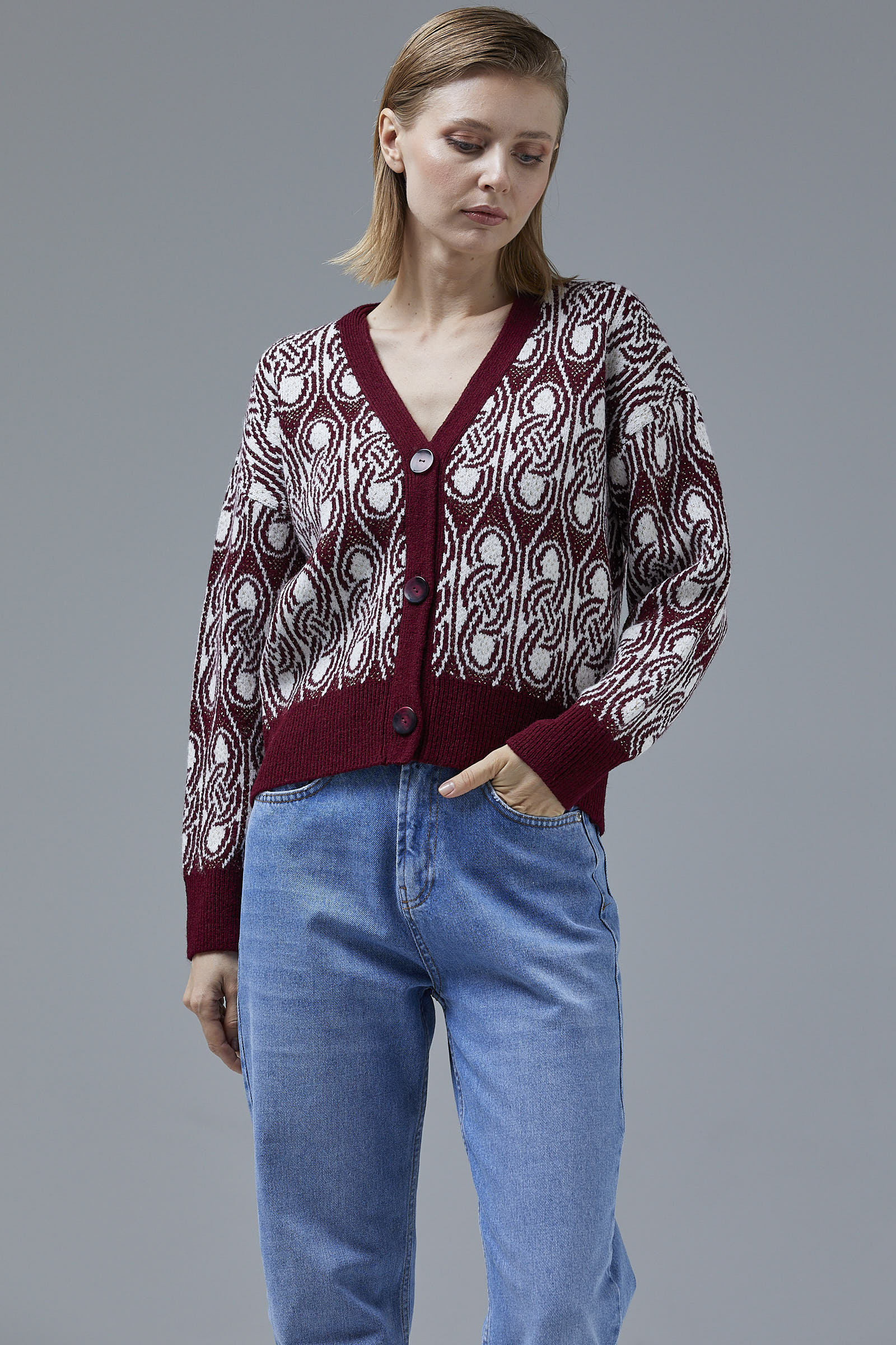 Çift Renk Düğmeli Kalın Triko Hırka - Bordo (2) Sementa