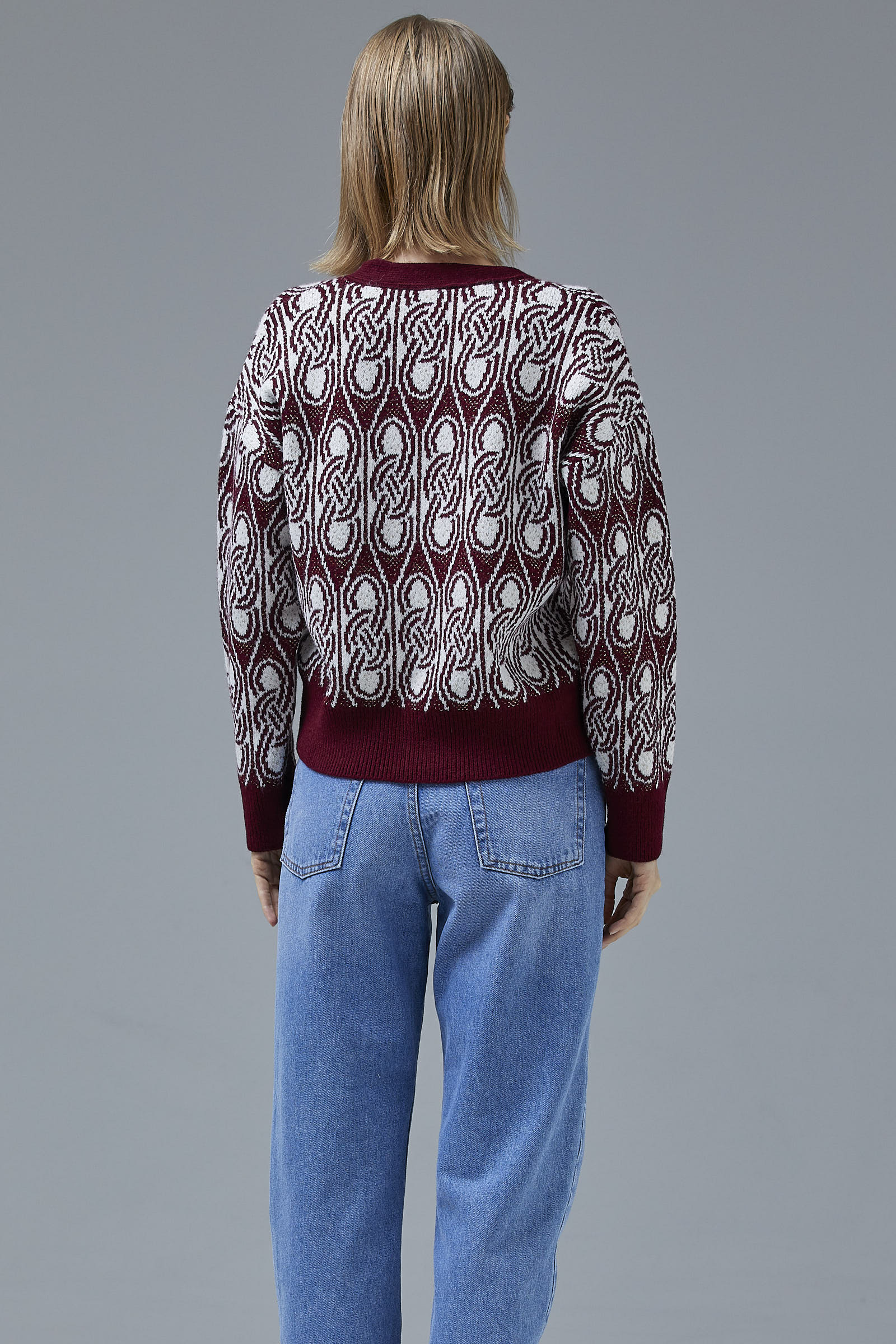 Çift Renk Düğmeli Kalın Triko Hırka - Bordo (4) Sementa