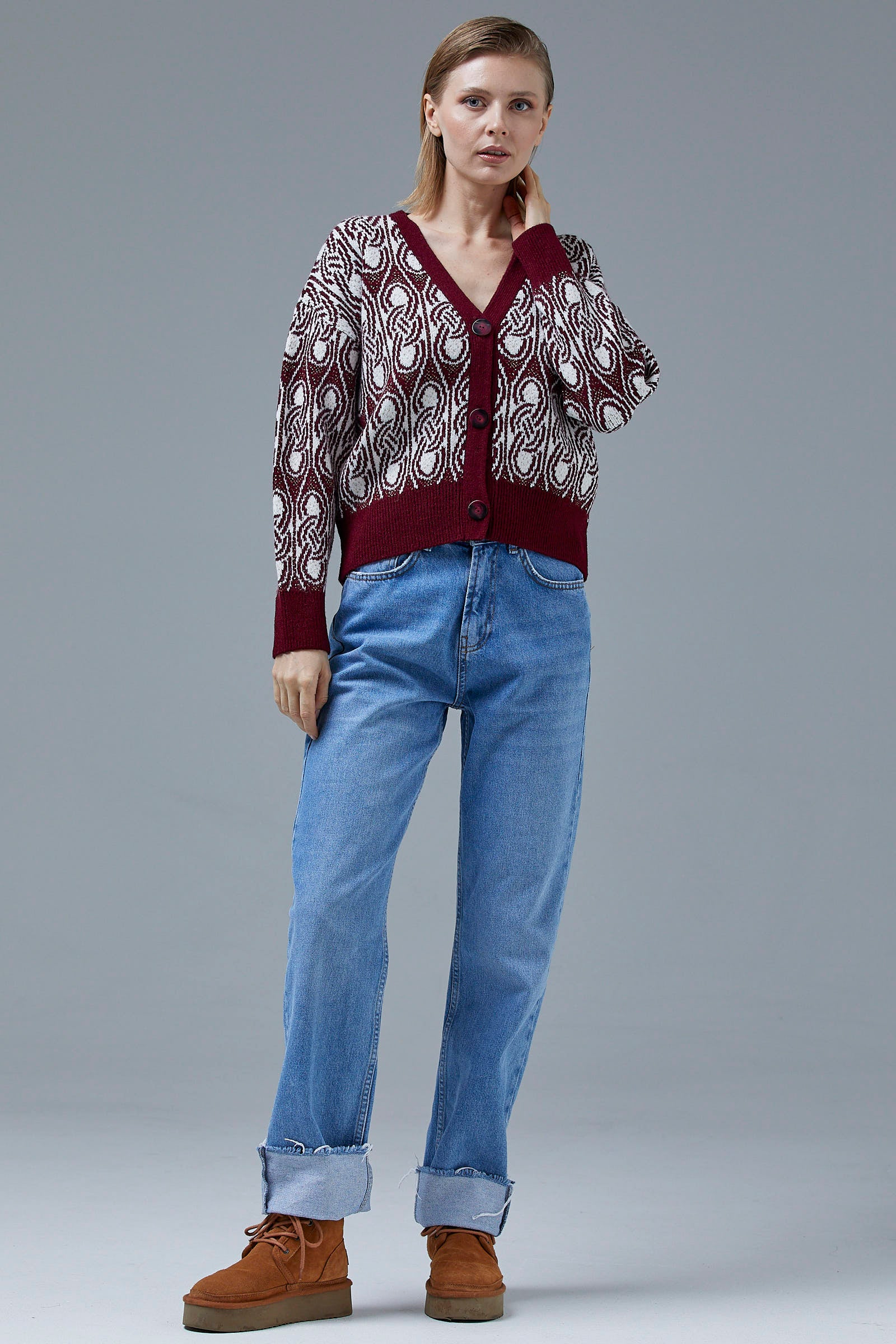 Çift Renk Düğmeli Kalın Triko Hırka - Bordo (3) Sementa