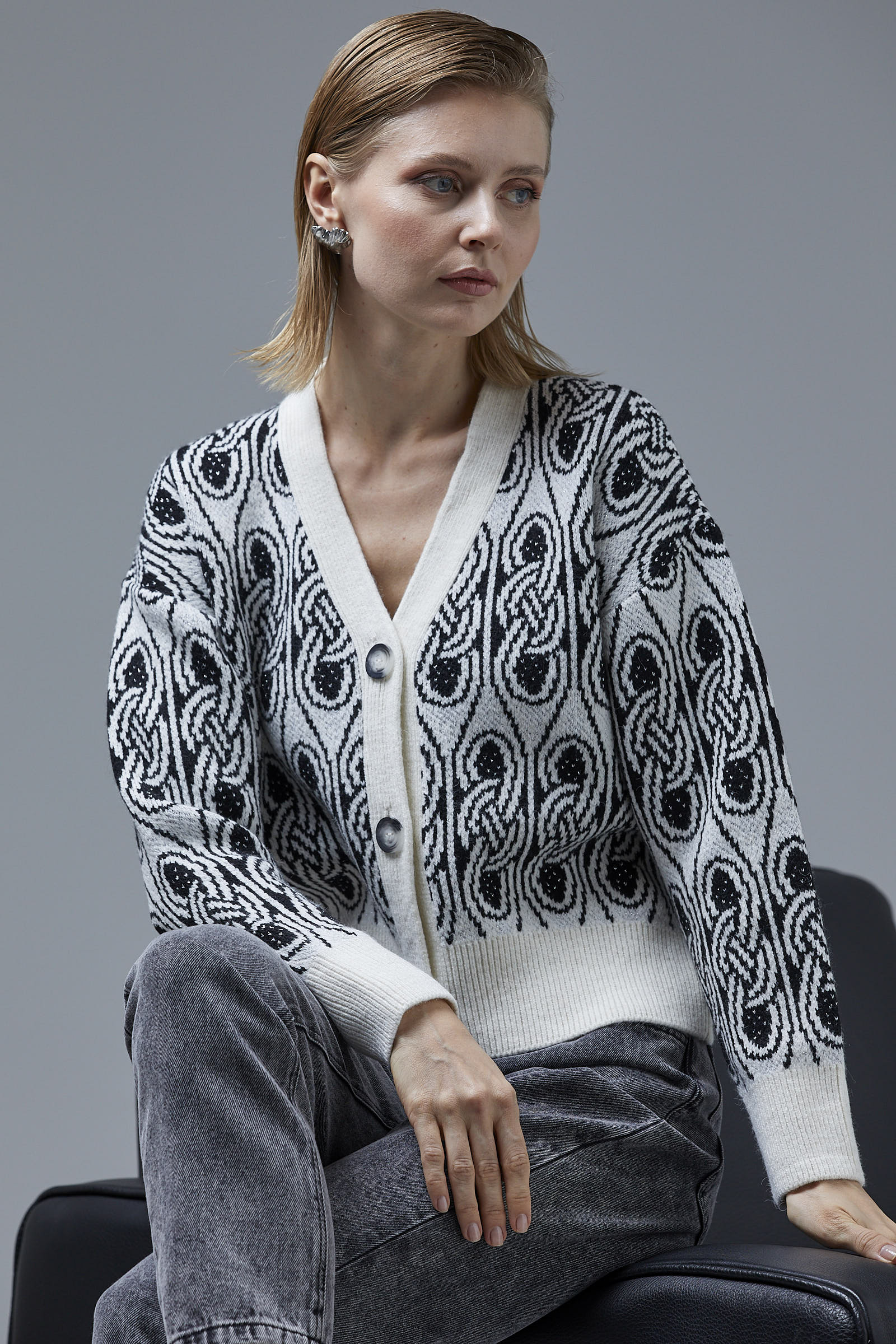 Çift Renk Düğmeli Kalın Triko Hırka - Kemik (2) Sementa