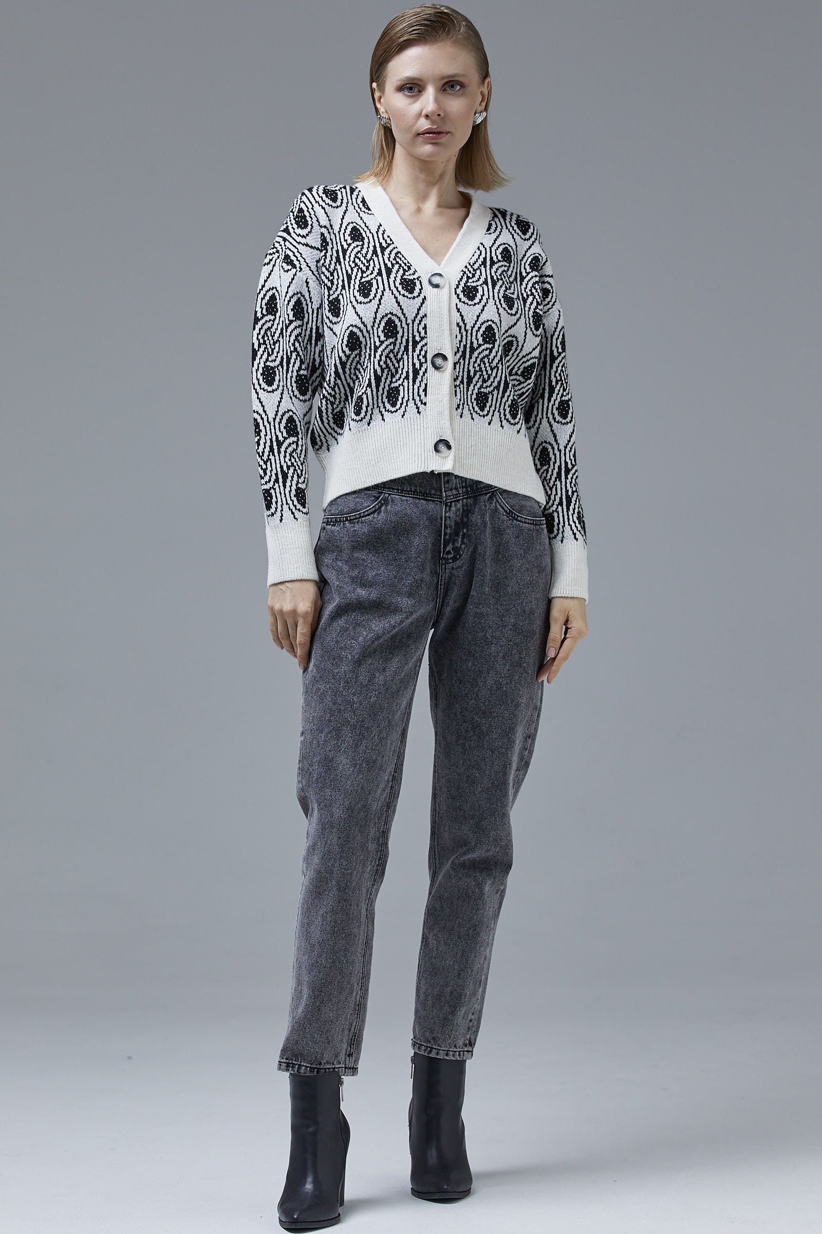 Çift Renk Düğmeli Kalın Triko Hırka - Kemik (4) Sementa