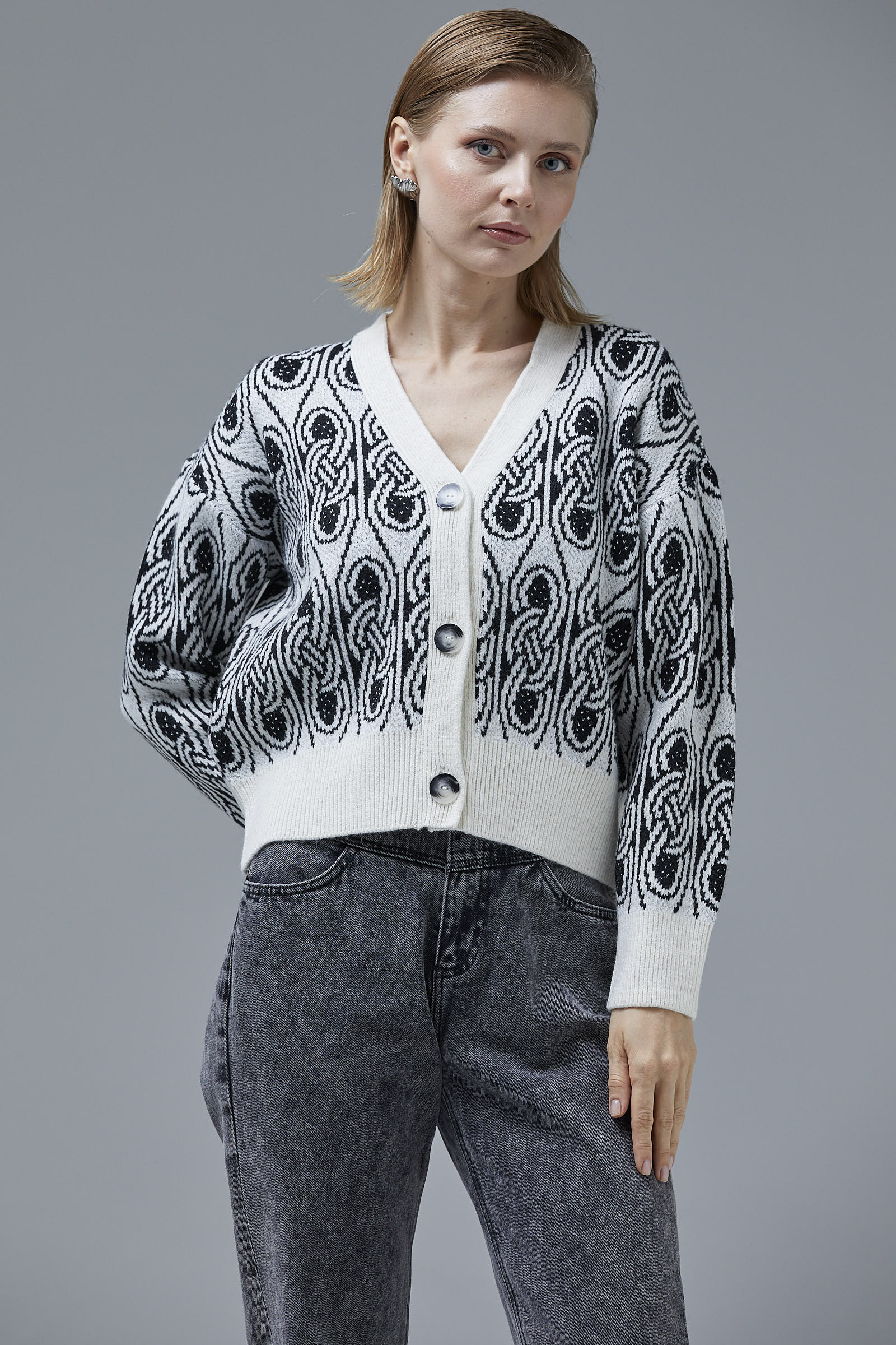 Çift Renk Düğmeli Kalın Triko Hırka - Kemik (3) Sementa