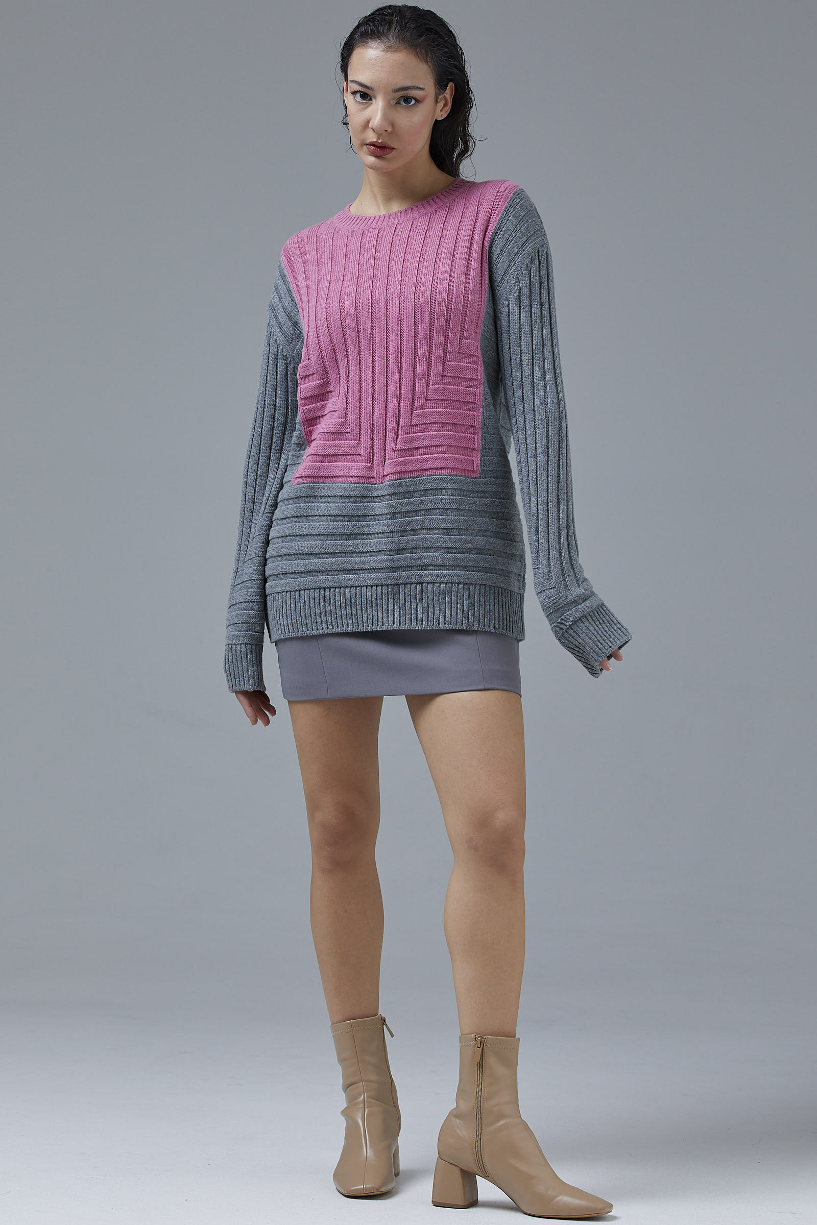 Çift Renk Kalın Fitilli Triko Kazak - Gri - Şeker Pembe (1) Sementa