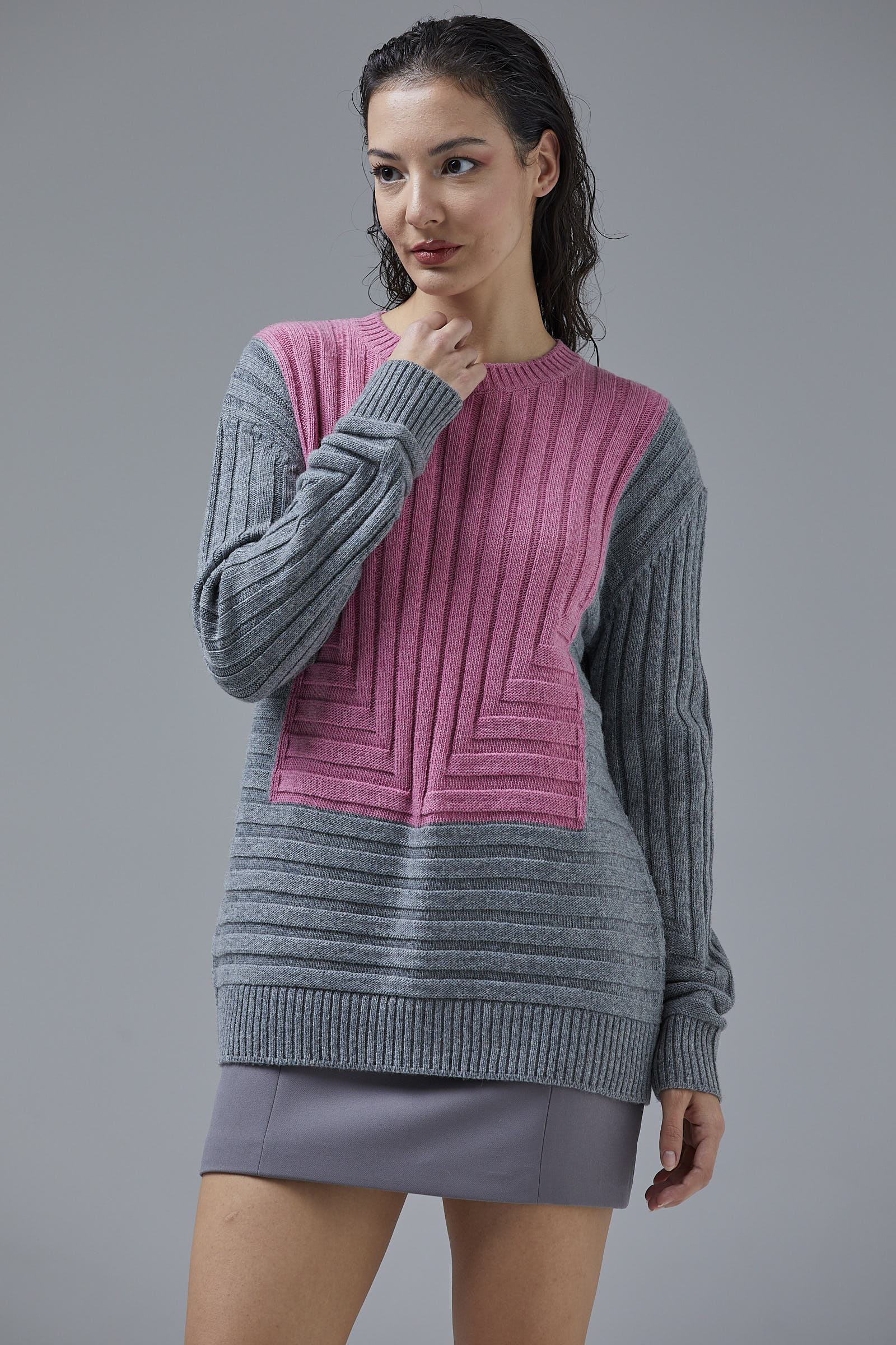 Çift Renk Kalın Fitilli Triko Kazak - Gri - Şeker Pembe (3) Sementa