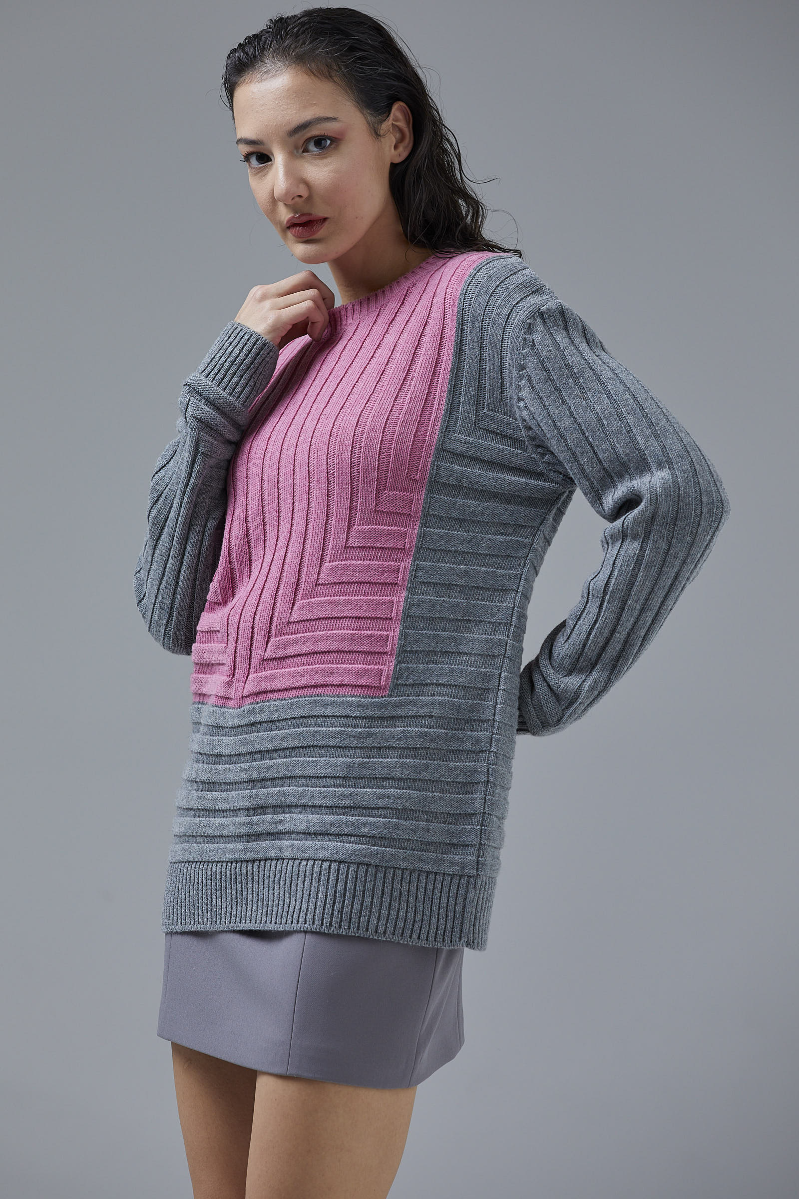 Çift Renk Kalın Fitilli Triko Kazak - Gri - Şeker Pembe (4) Sementa