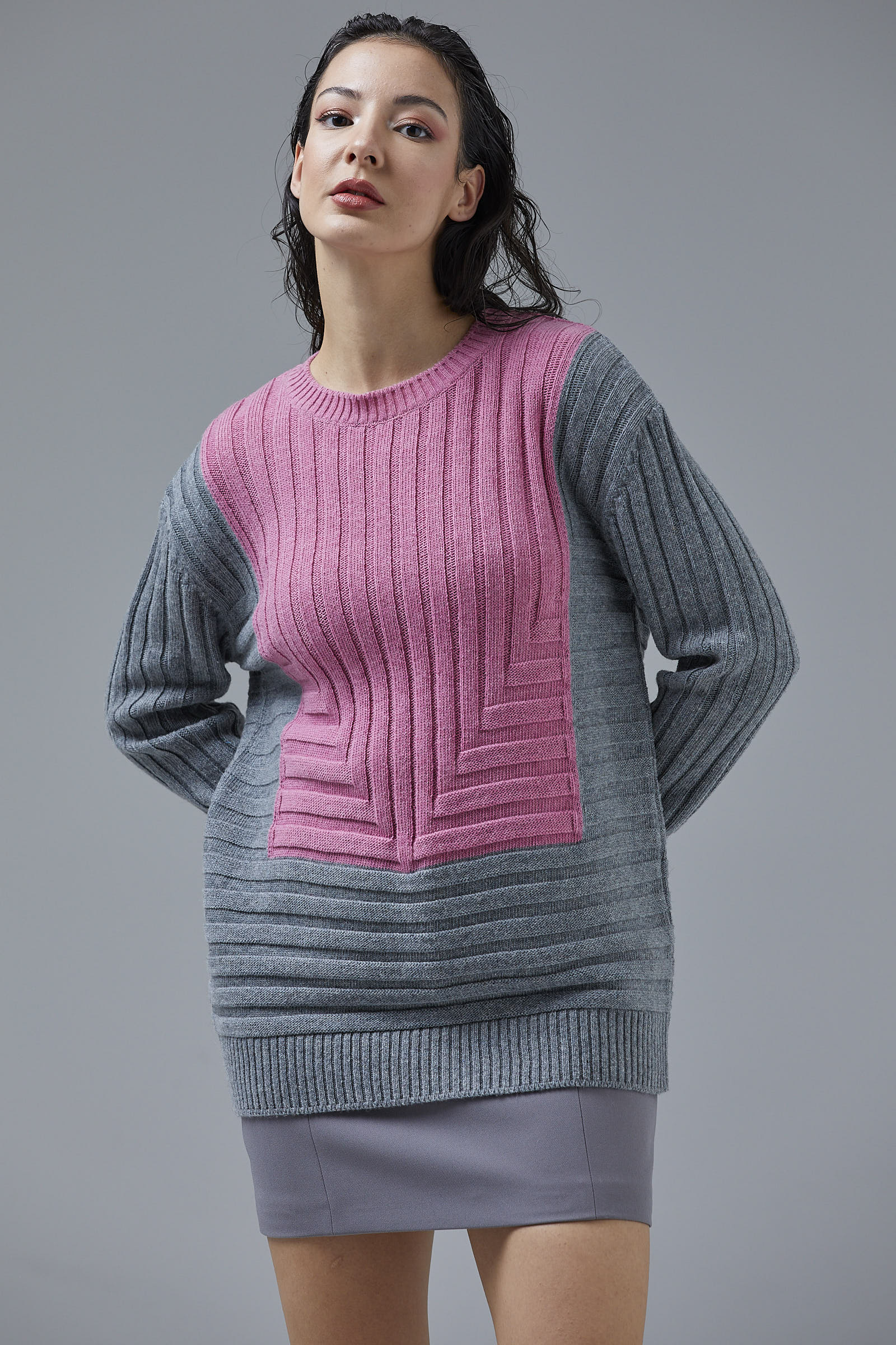 Çift Renk Kalın Fitilli Triko Kazak - Gri - Şeker Pembe (5) Sementa