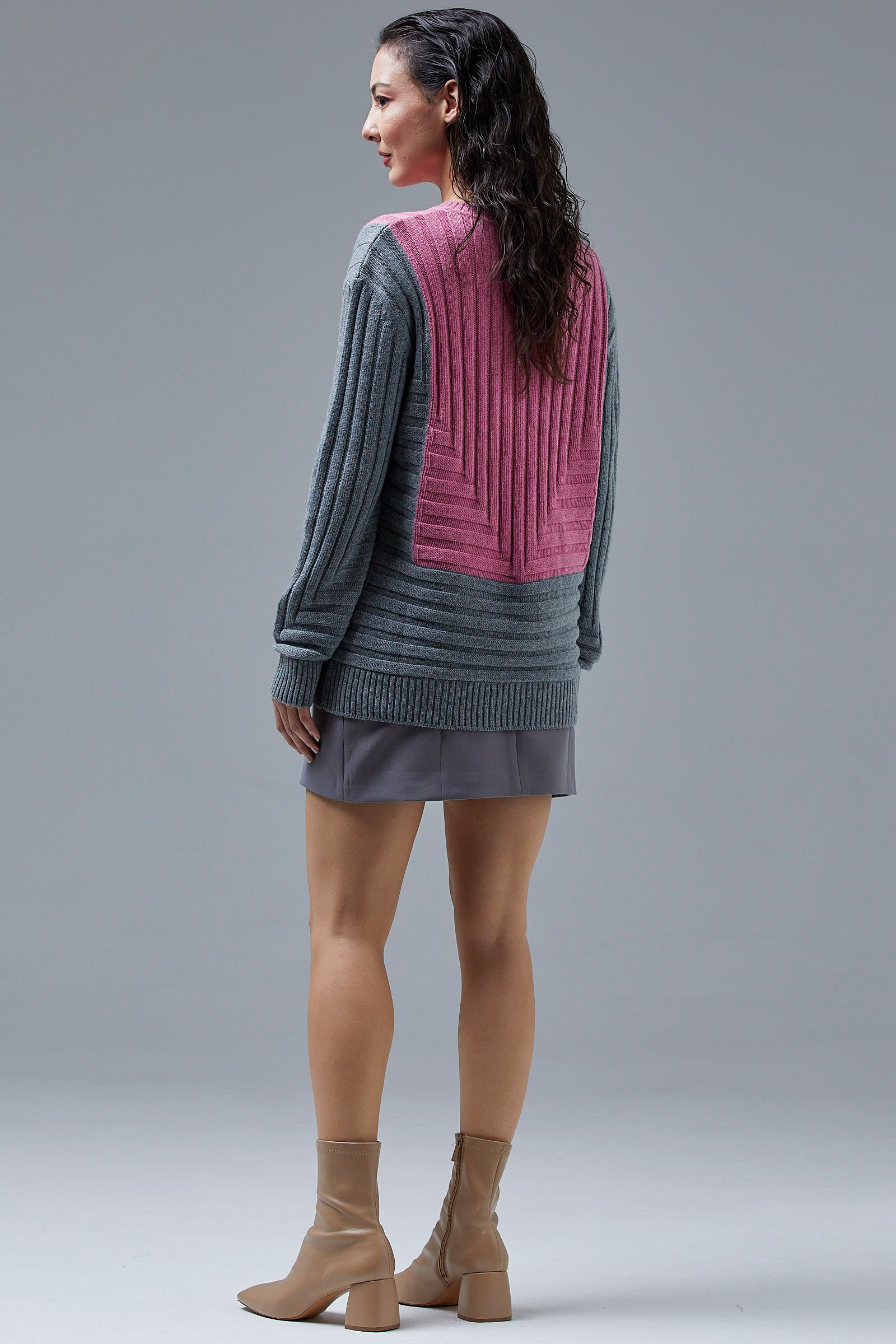 Çift Renk Kalın Fitilli Triko Kazak - Gri - Şeker Pembe (7) Sementa