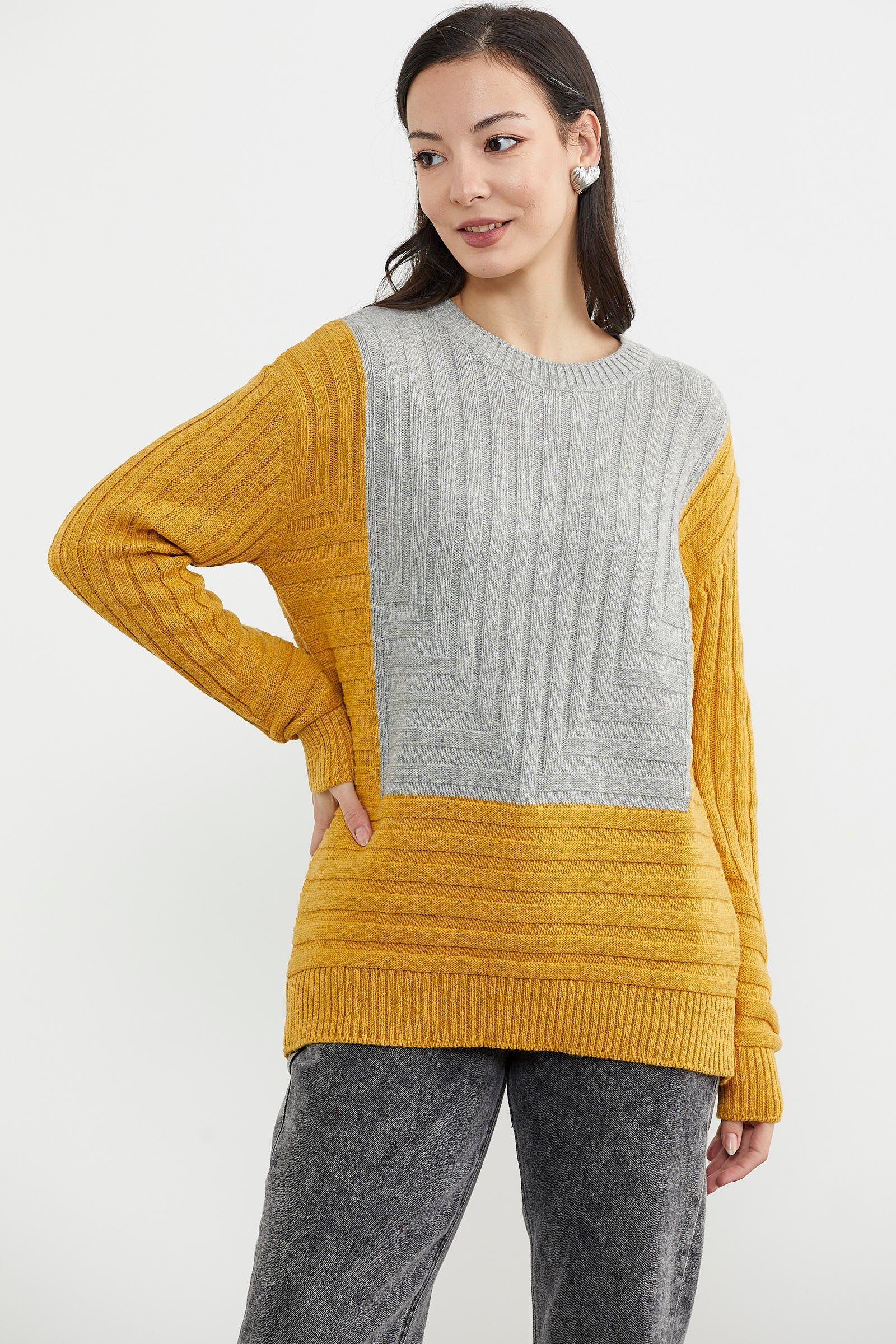 Çift Renk Kalın Fitilli Triko Kazak - Güneş - Gri (2) Sementa