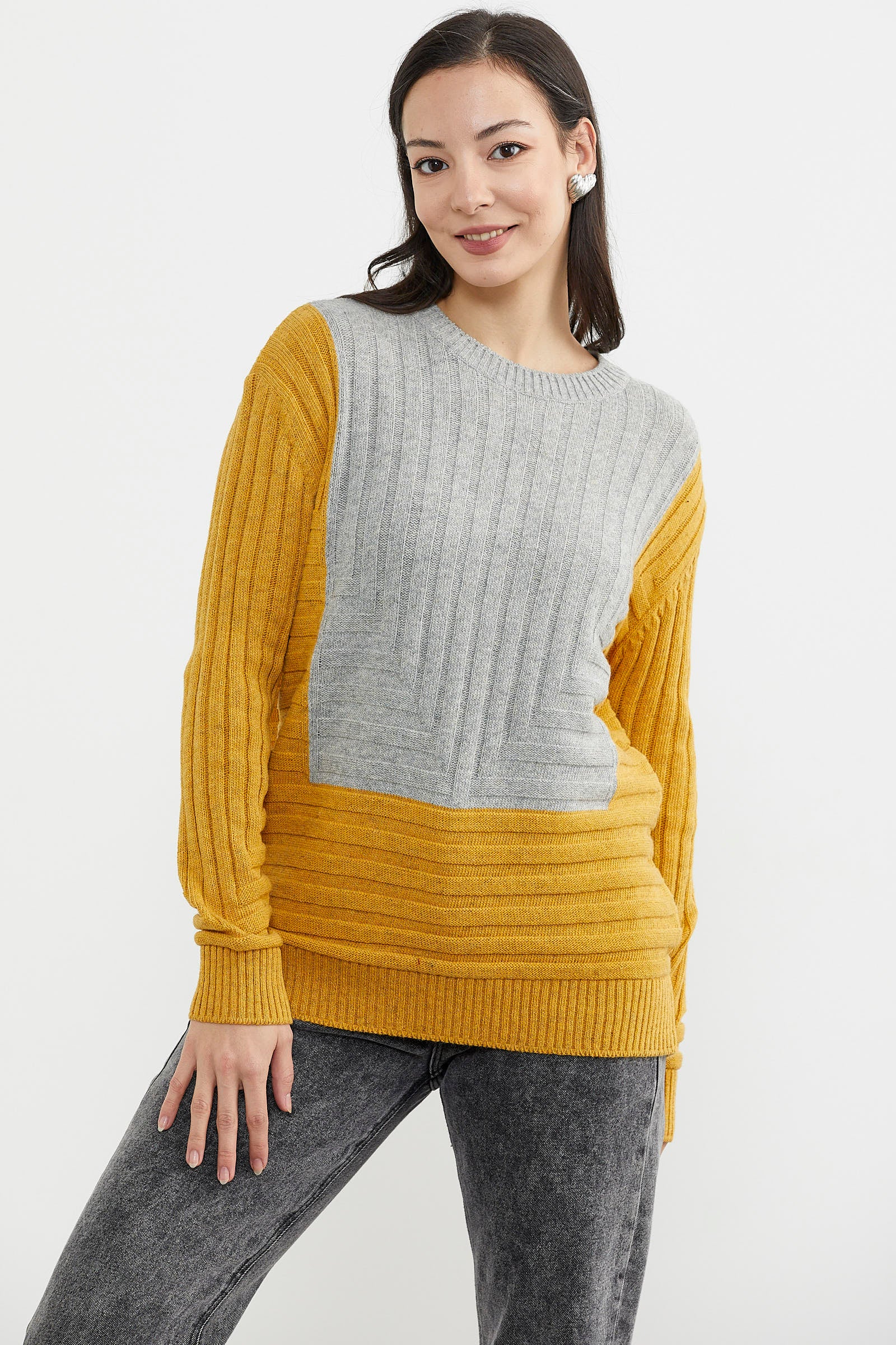 Çift Renk Kalın Fitilli Triko Kazak - Güneş - Gri (5) Sementa