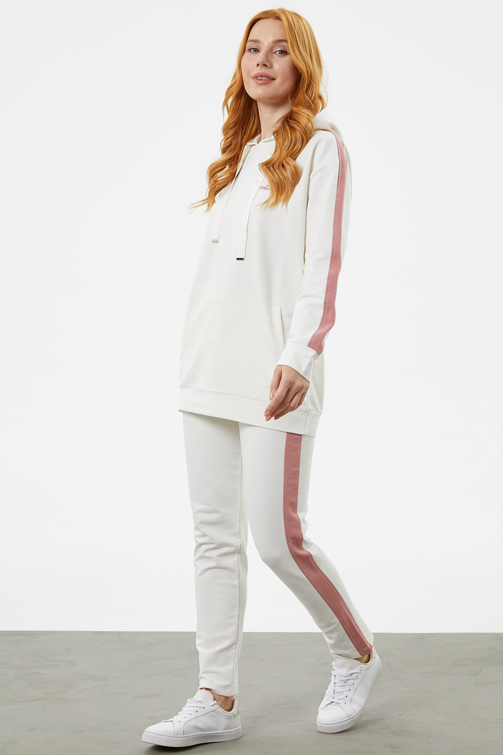 Çift Renk Kapüşonlu Eşofman Takım - Ekru (3) Sementa