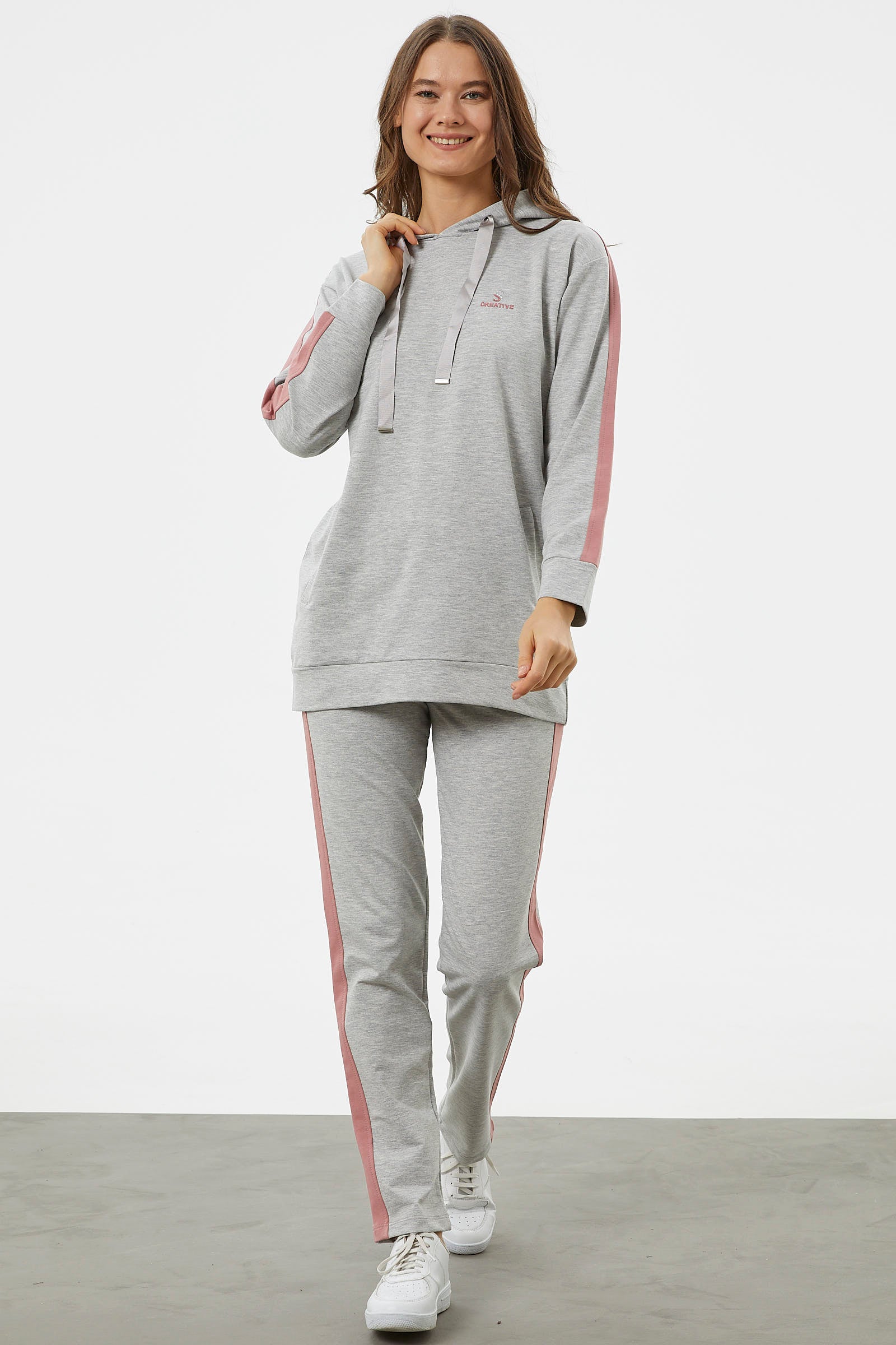 Çift Renk Kapüşonlu Eşofman Takım - Gri (2) Sementa