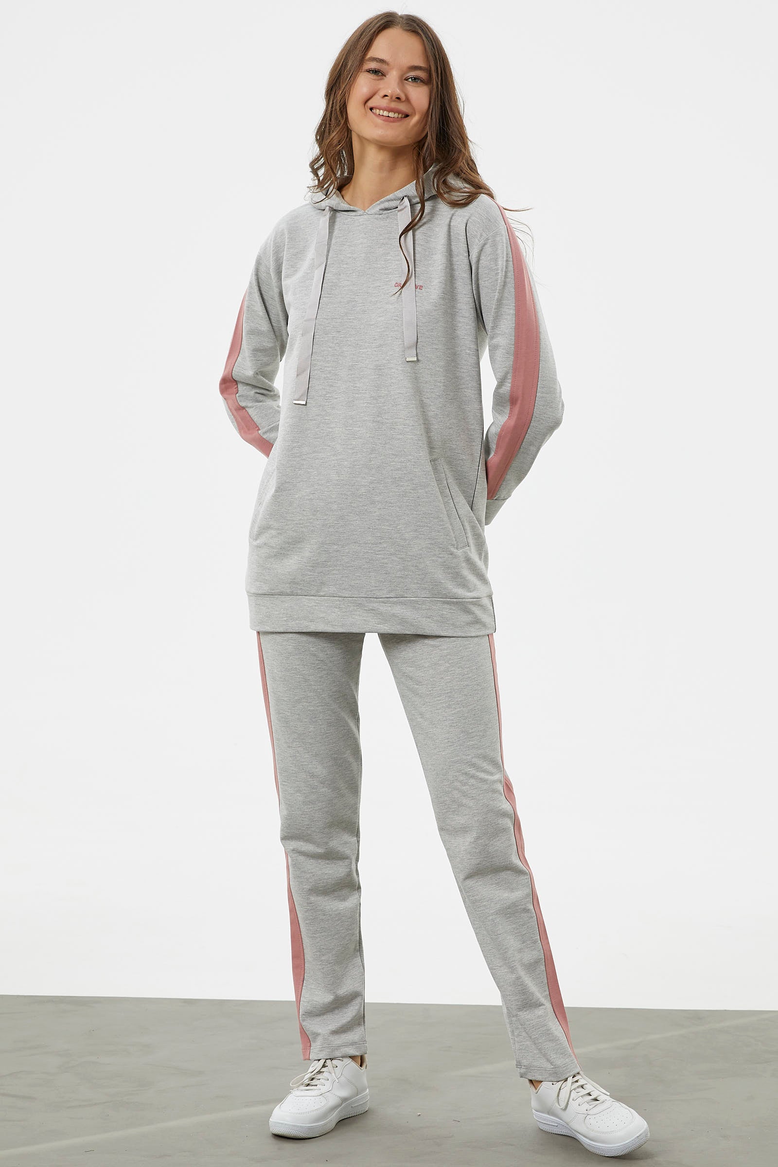Çift Renk Kapüşonlu Eşofman Takım - Gri (3) Sementa