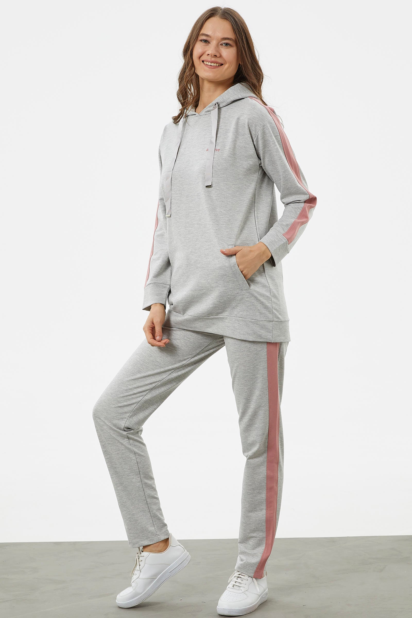 Çift Renk Kapüşonlu Eşofman Takım - Gri (5) Sementa