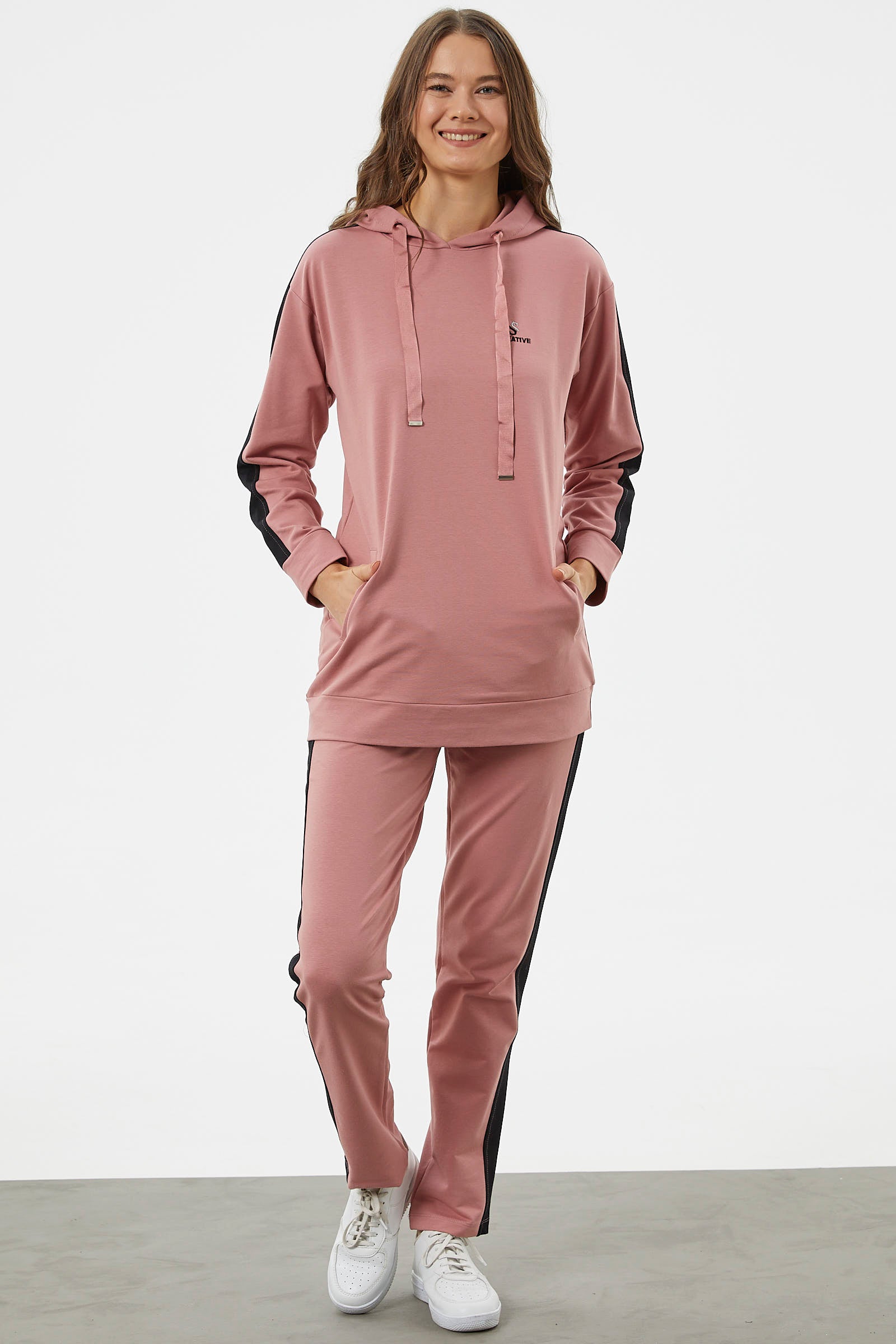 Çift Renk Kapüşonlu Eşofman Takım - Gül (2) Sementa